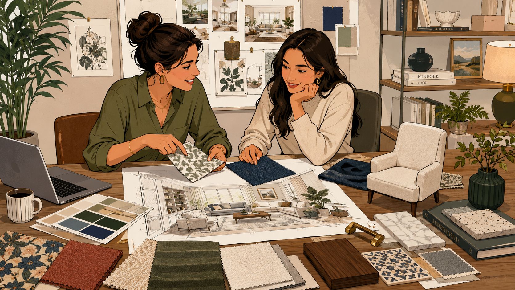 Two interior designers collaborate on a project while reviewing fabric swatches and architectural sketches on a desk.