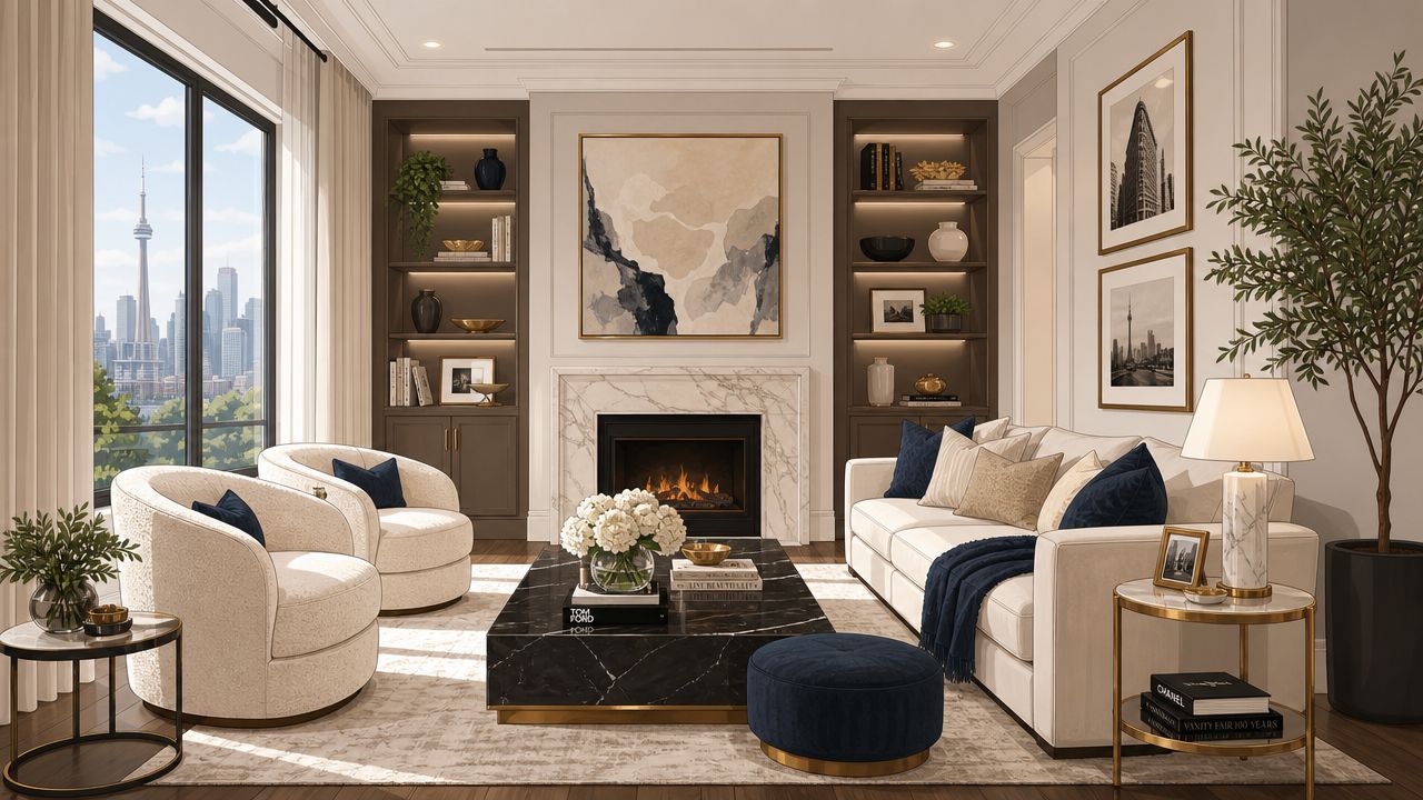 A sophisticated modern living room with a fireplace, luxury furniture, and a view of Toronto skyline.