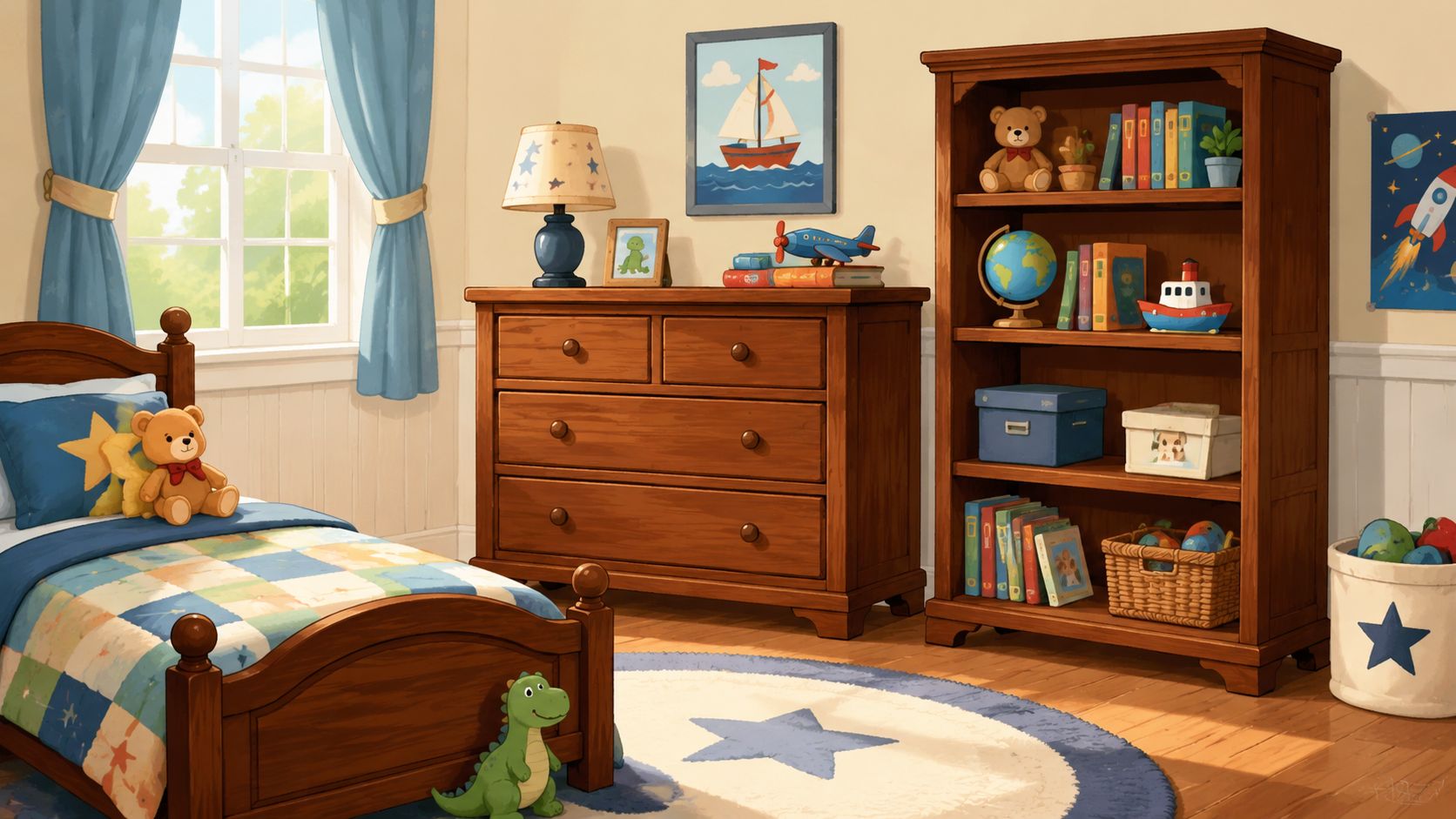 A cozy, well-lit children's bedroom featuring a wooden bed, dresser, bookshelf, and toys with a nautical theme.
