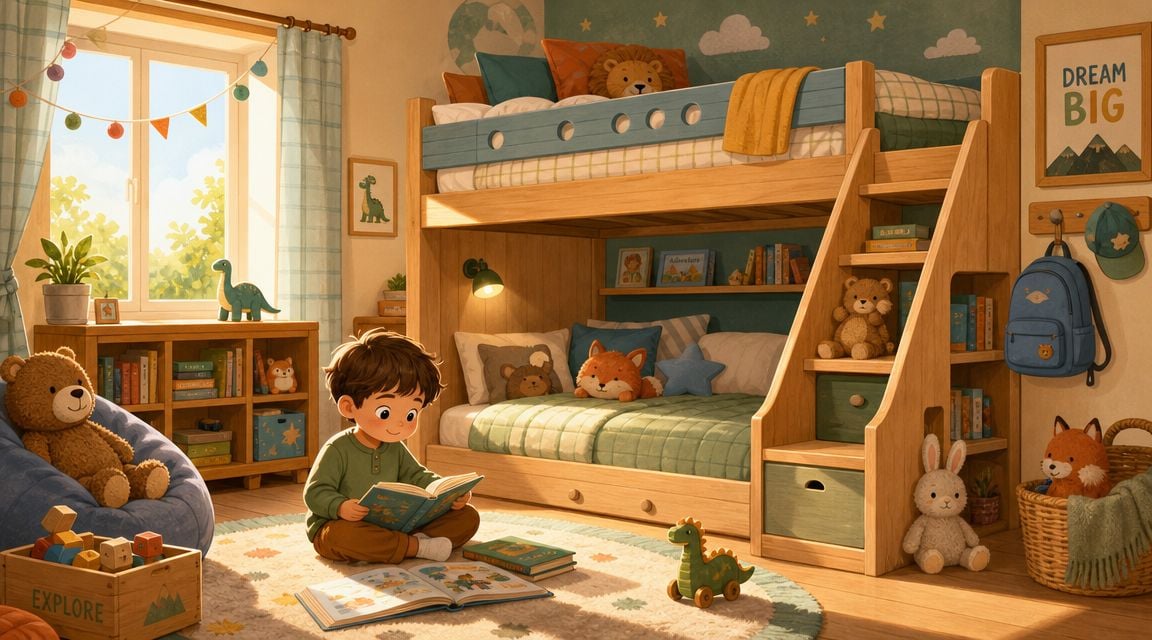 A young boy sits on a rug reading a book in a cozy, decorated kids' bedroom.