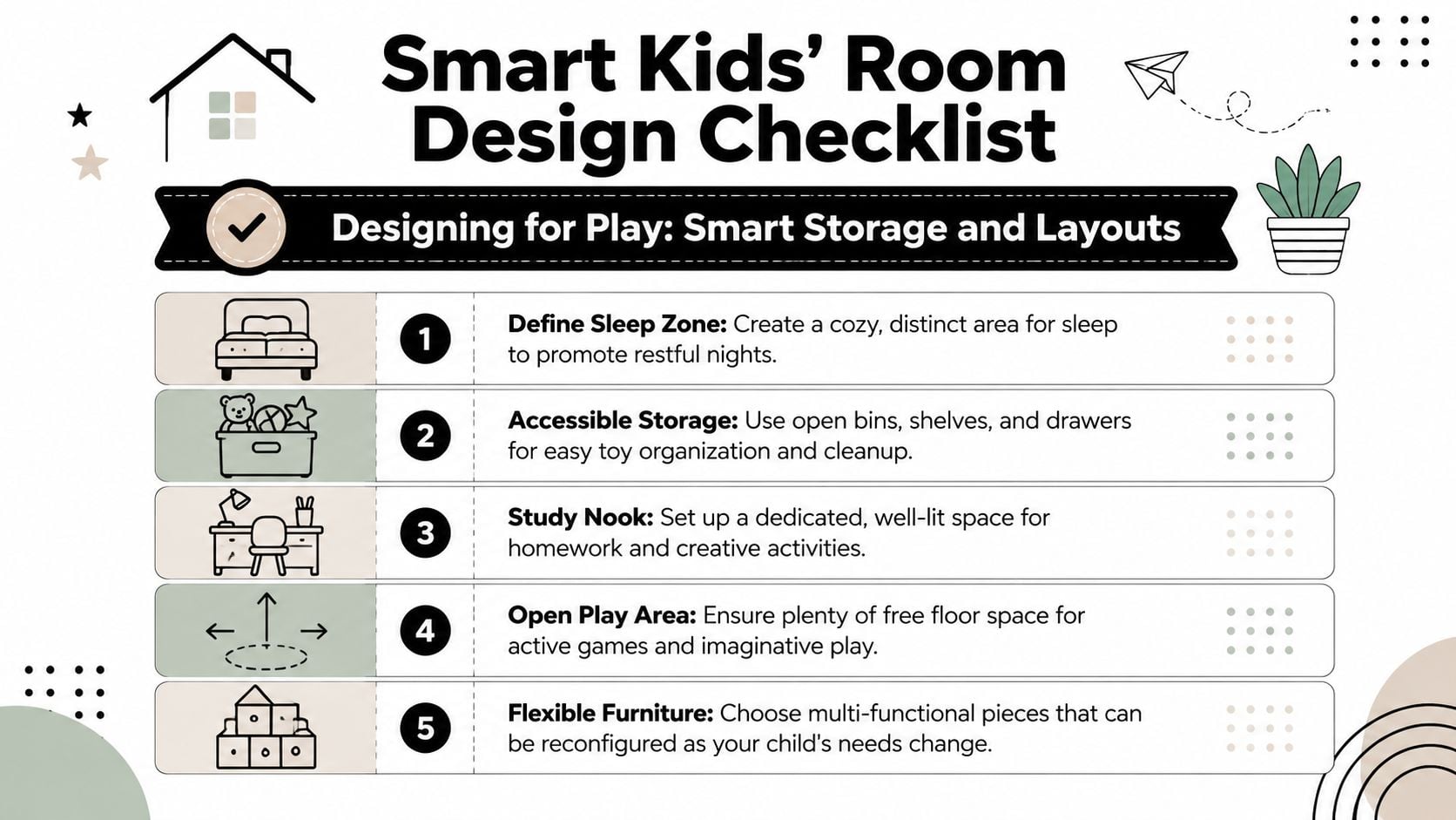 A checklist infographic titled Smart Kids Room Design featuring five tips for arranging children's bedrooms effectively.