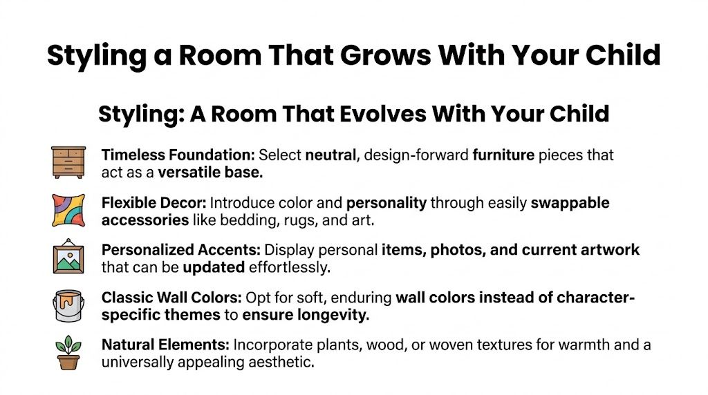 A list of interior design tips for creating a child's bedroom that evolves as they grow older.