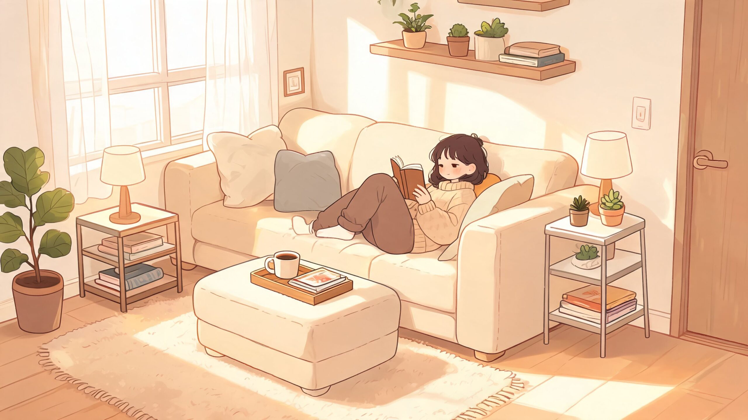 A girl sitting on a cozy l shaped sofa reading a book in a sunlit living room.
