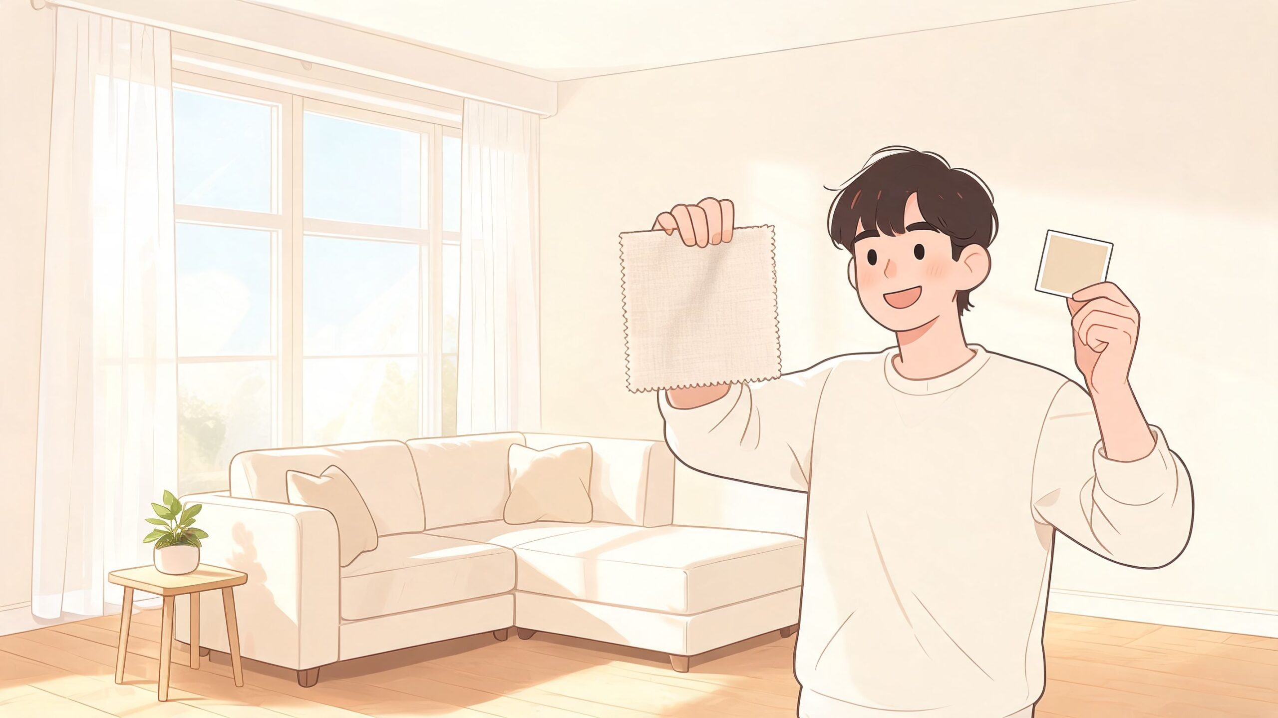 A happy young man holds up fabric swatches while considering home decor for his l shaped sofa.