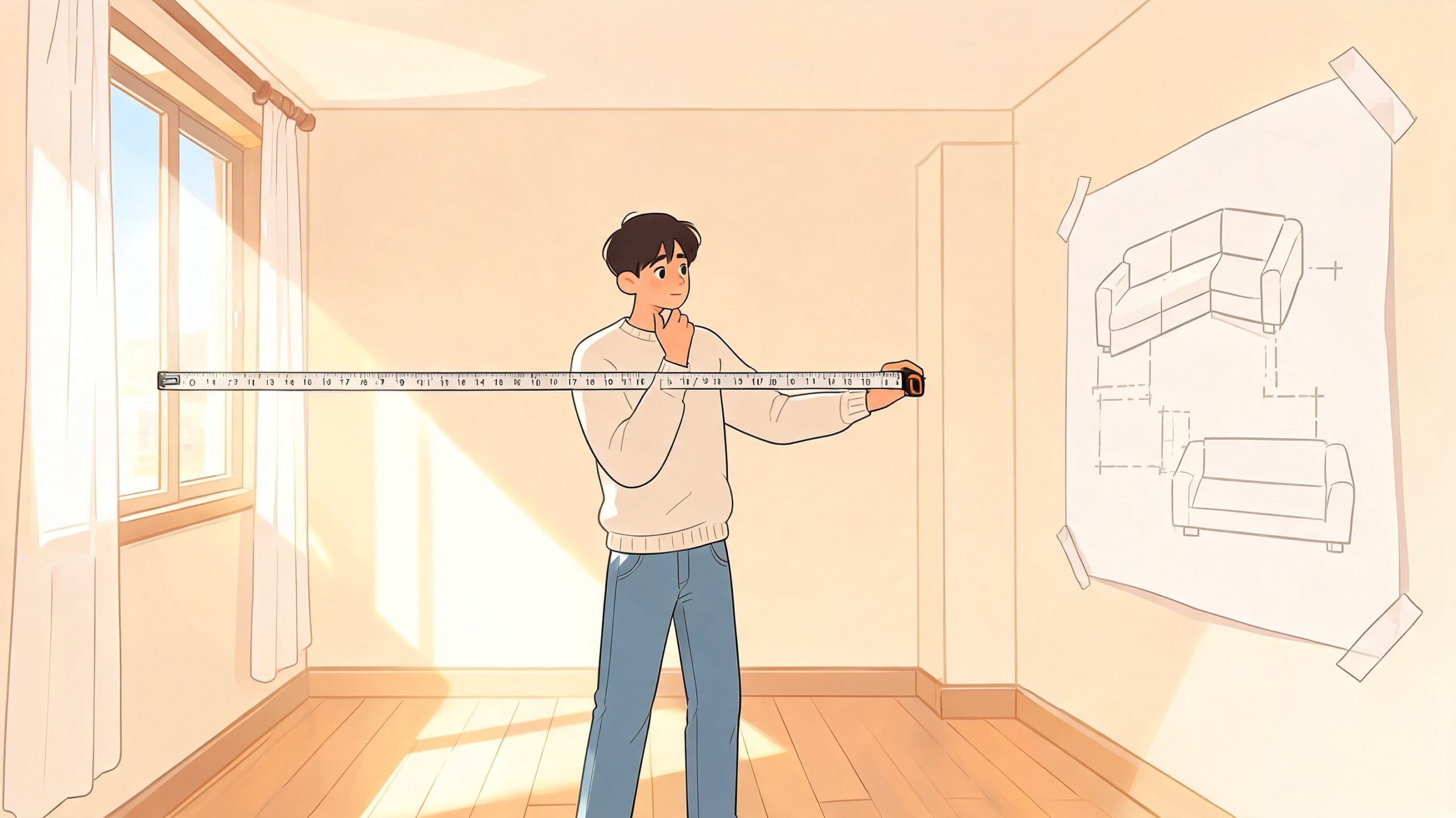 A young man holding a tape measure while planning the placement of an L-shaped sofa in a room.