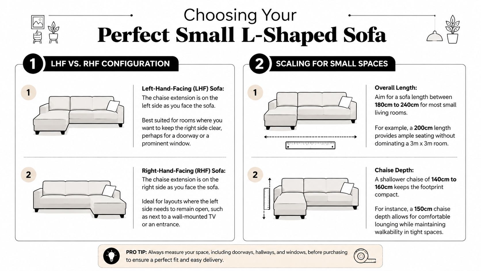 A helpful infographic guide on choosing the right small L-shaped sofa for your living room space.