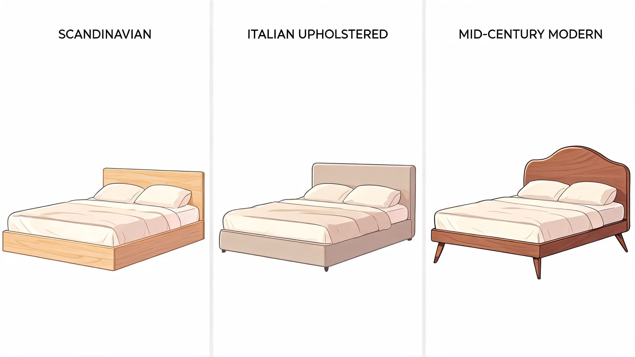 A graphic illustration displaying three distinct bed styles: Scandinavian, Italian Upholstered, and Mid-Century Modern designs.
