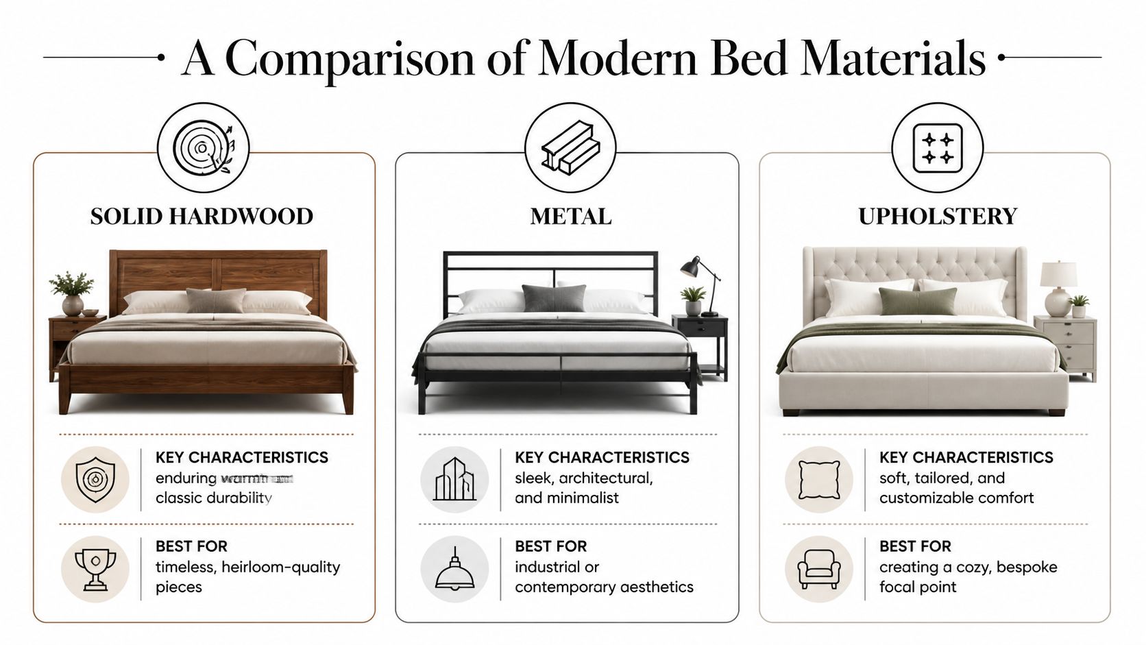 A comparison chart of modern bed materials including solid hardwood, metal, and upholstery with their characteristics and uses.