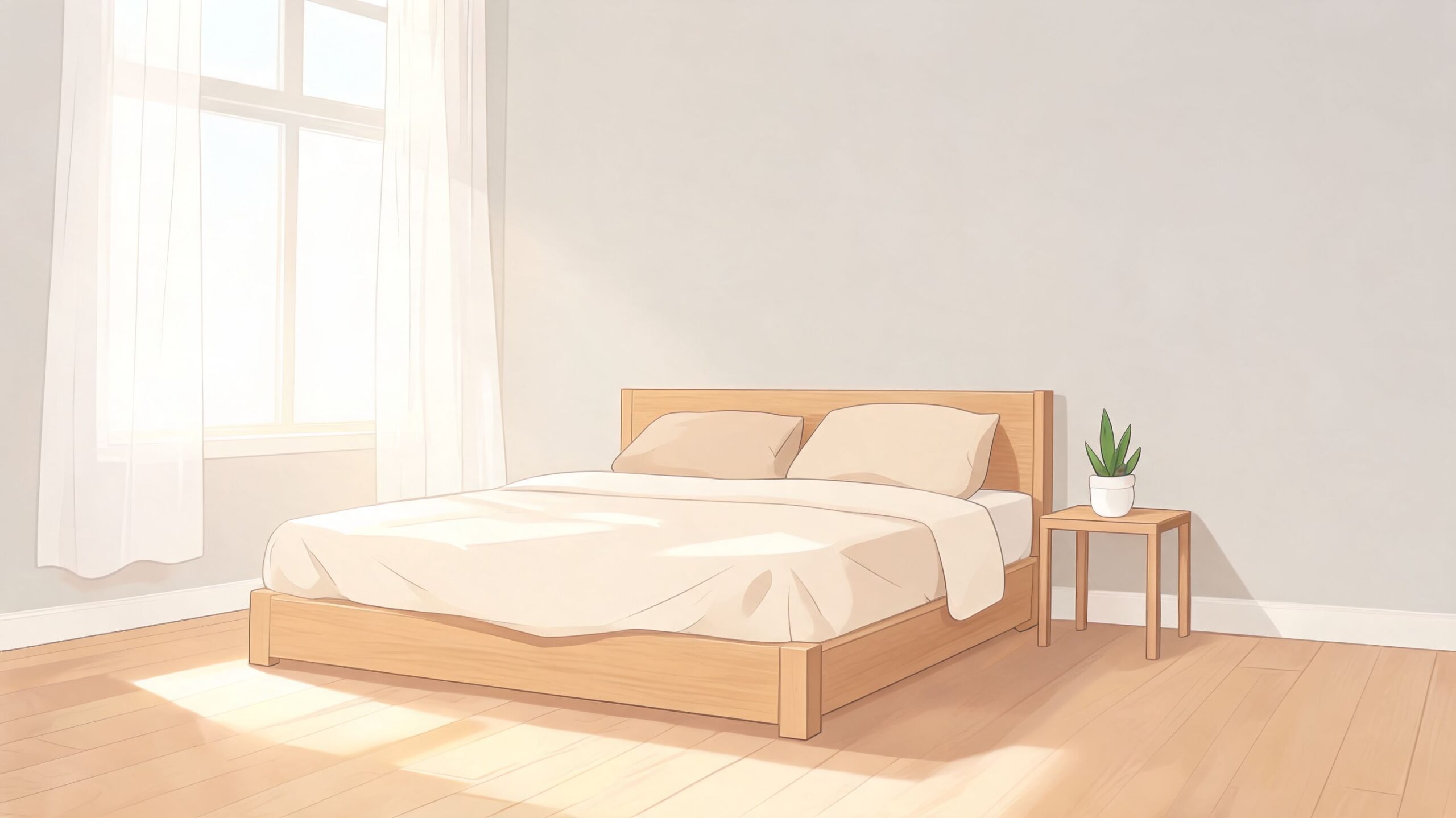 A modern minimalist bedroom featuring a wooden bed frame, light bedding, and a small potted plant.