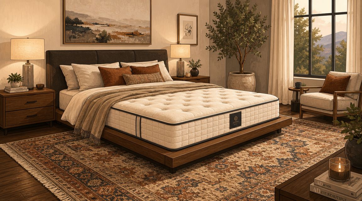 A cozy, well-lit modern bedroom featuring a comfortable mattress, wooden platform bed frame, and decorative patterned area rug.