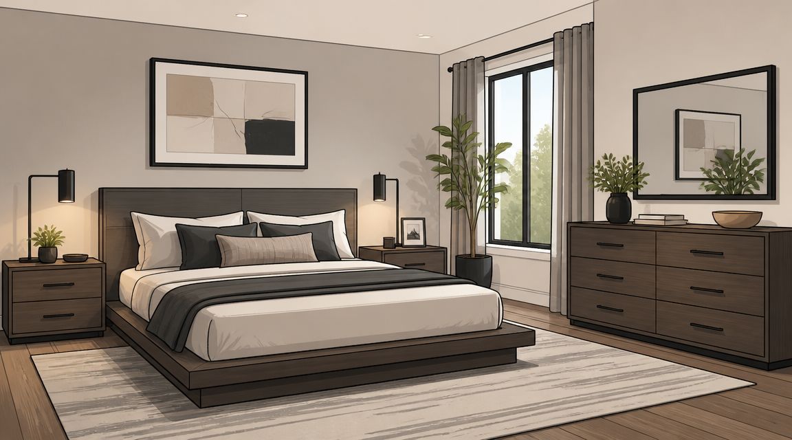A modern bedroom featuring a platform bed, dark wood furniture, and minimalist decor in a neutral palette.