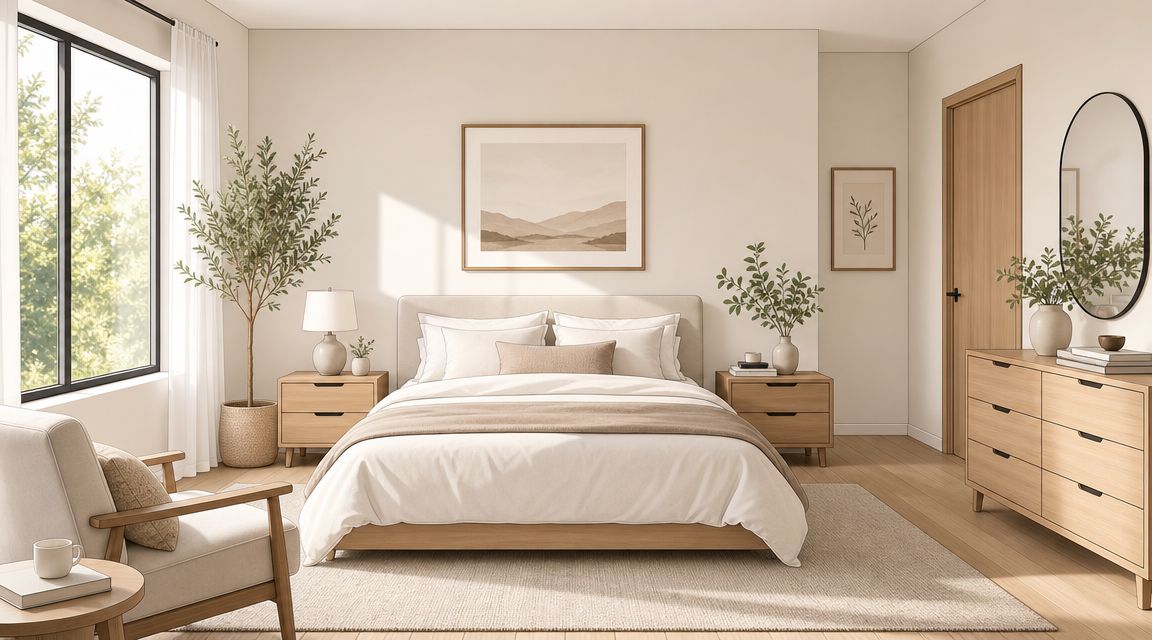 A minimalist modern bedroom featuring neutral tones, light wood furniture, a cozy bed, and natural window light.