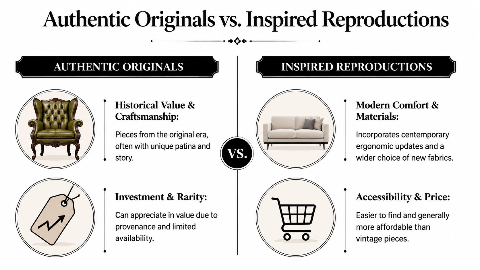 A comparison chart outlining the key differences between authentic vintage furniture and modern inspired furniture reproductions.