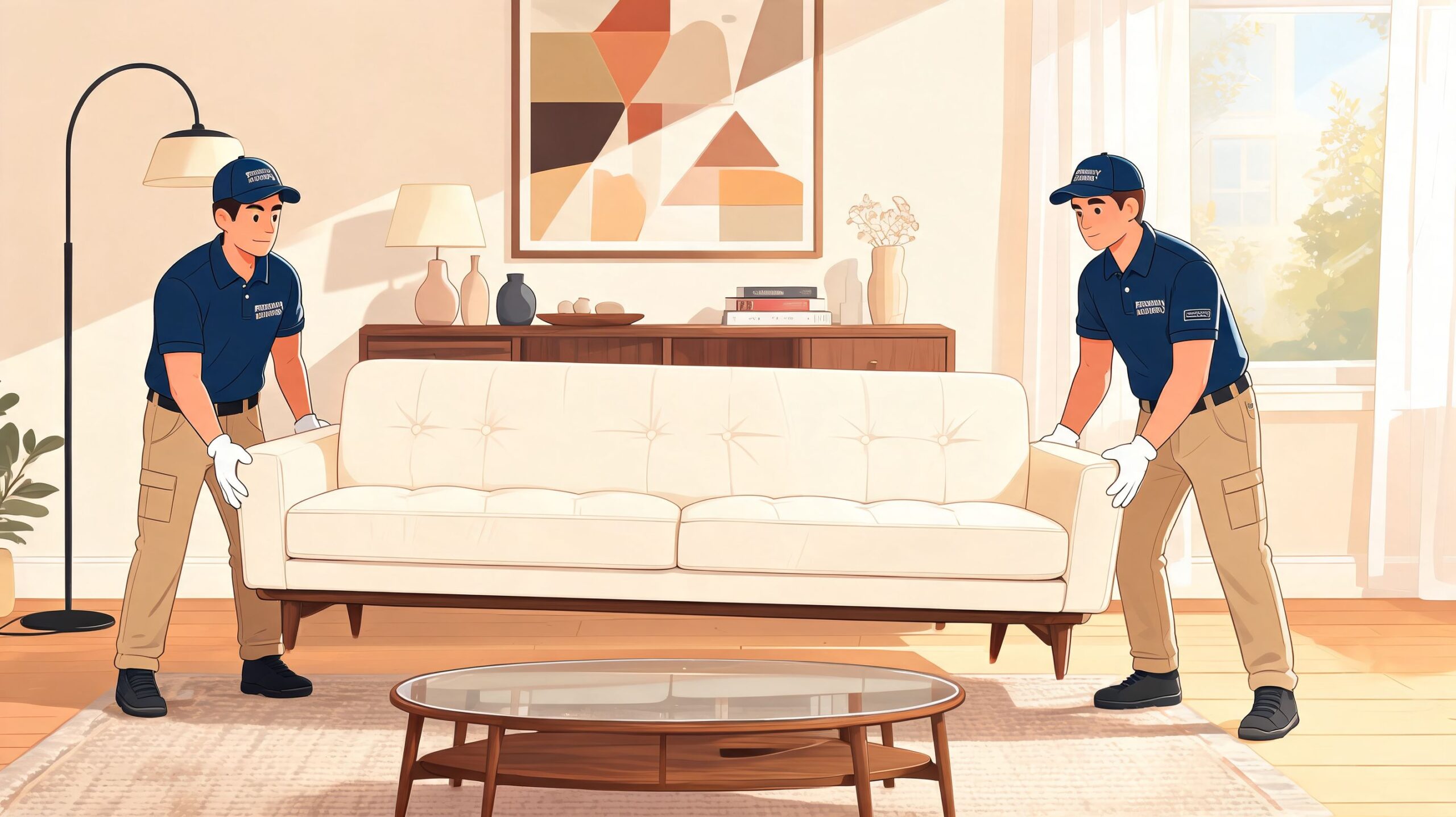 Two professional movers in uniforms carefully lifting a modern white mid-century sofa in a bright living room.