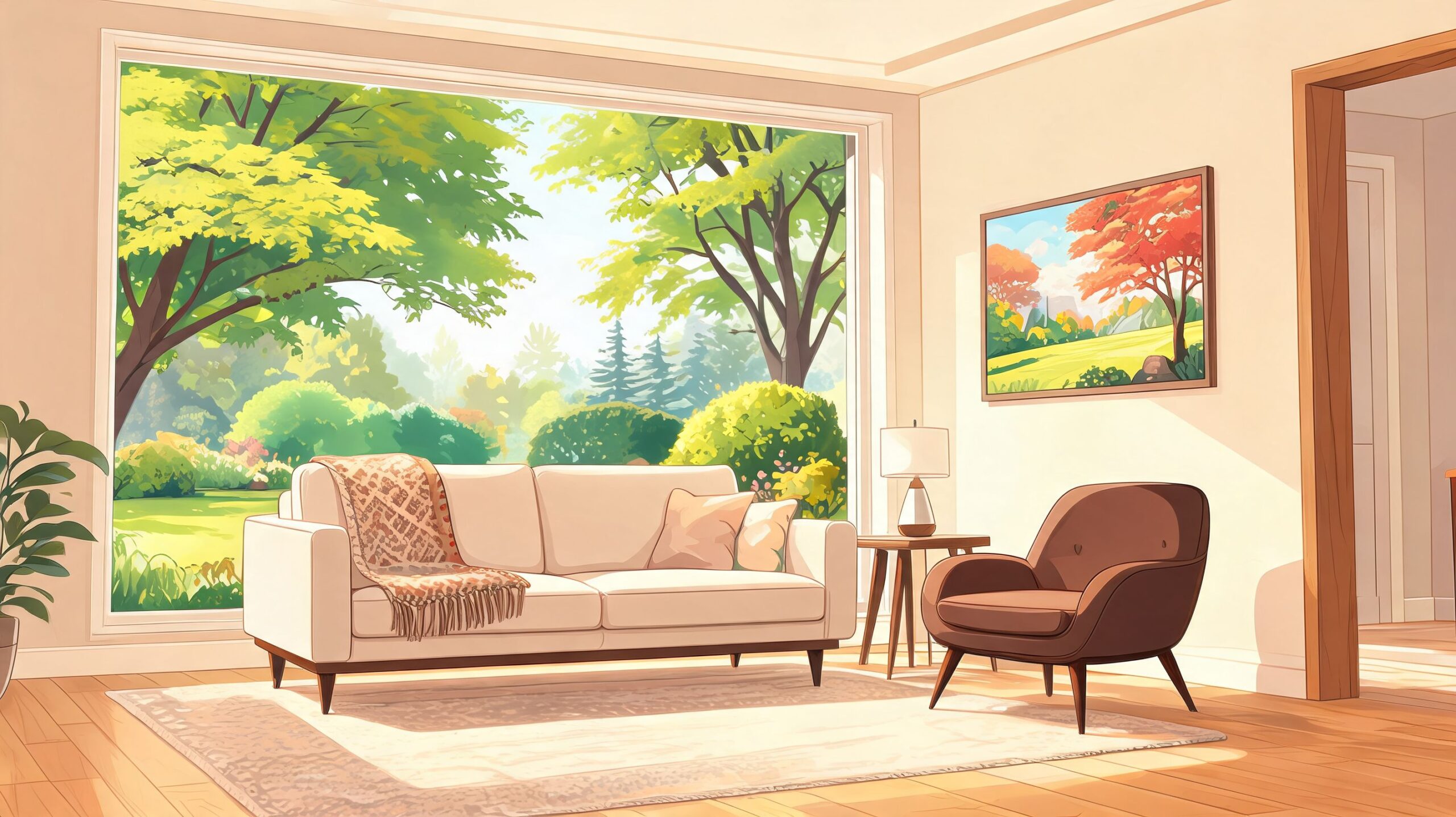 A cozy, sunlit living room featuring mid-century modern furniture, a beige sofa, and a large garden window.
