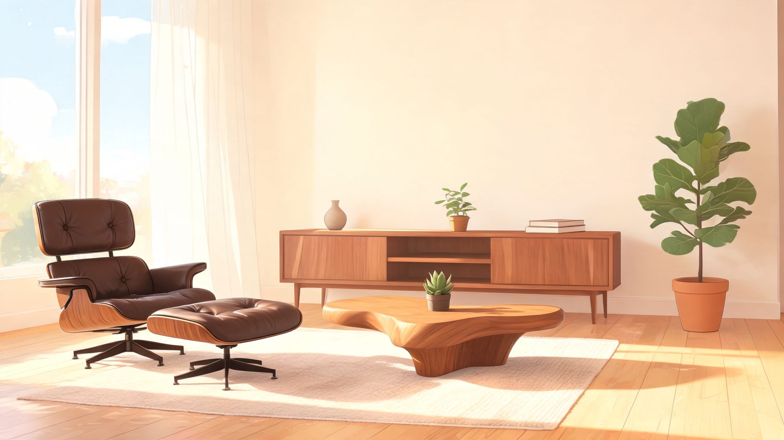A minimalist living room featuring a mid-century lounge chair, wooden coffee table, sideboard, and potted plant.