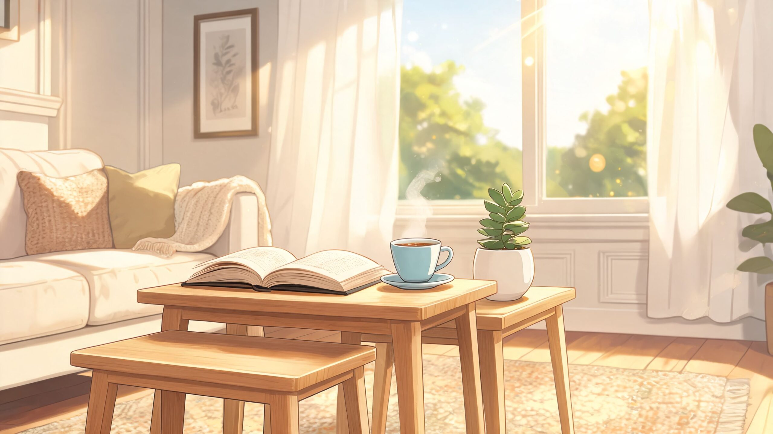 A cozy sunny living room featuring nesting tables with an open book, steaming coffee, and a plant.