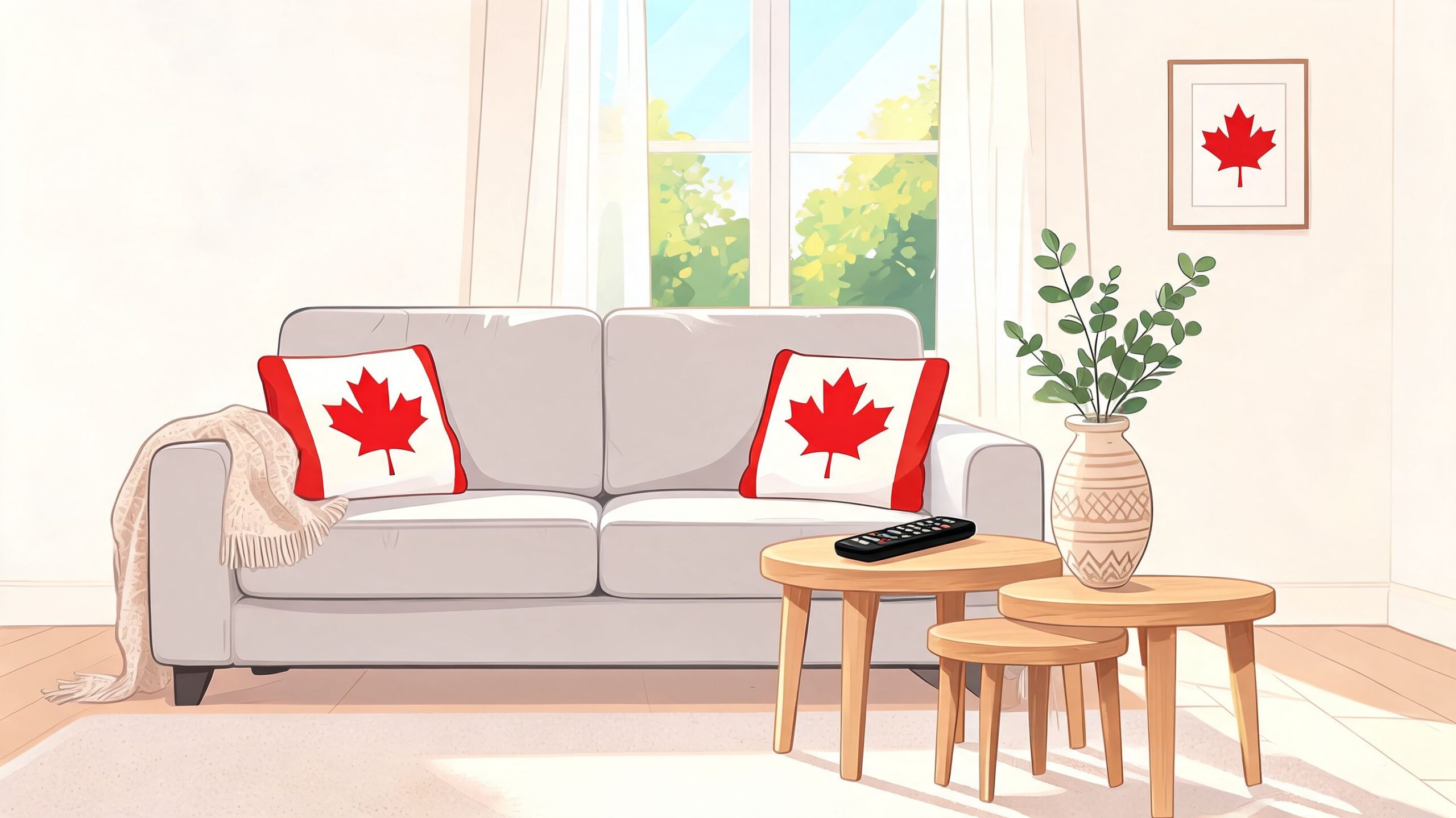 A cozy living room featuring a light gray couch with Canadian flag pillows and wooden nesting tables.