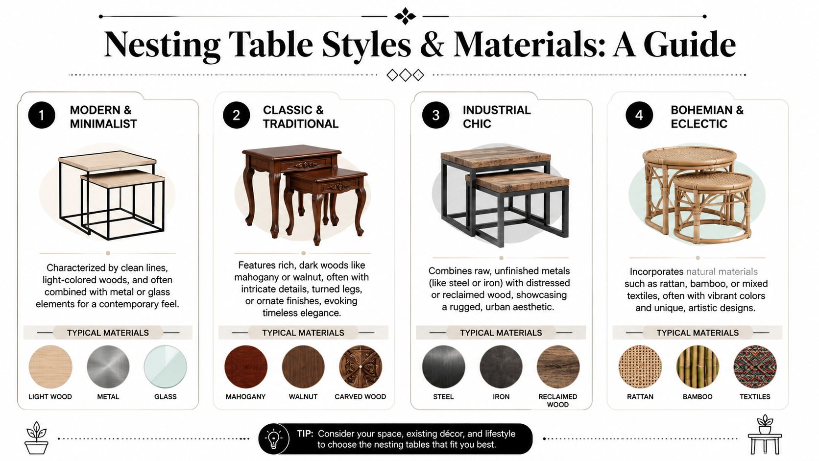 An educational guide detailing four distinct styles and materials commonly used for modern nesting tables.