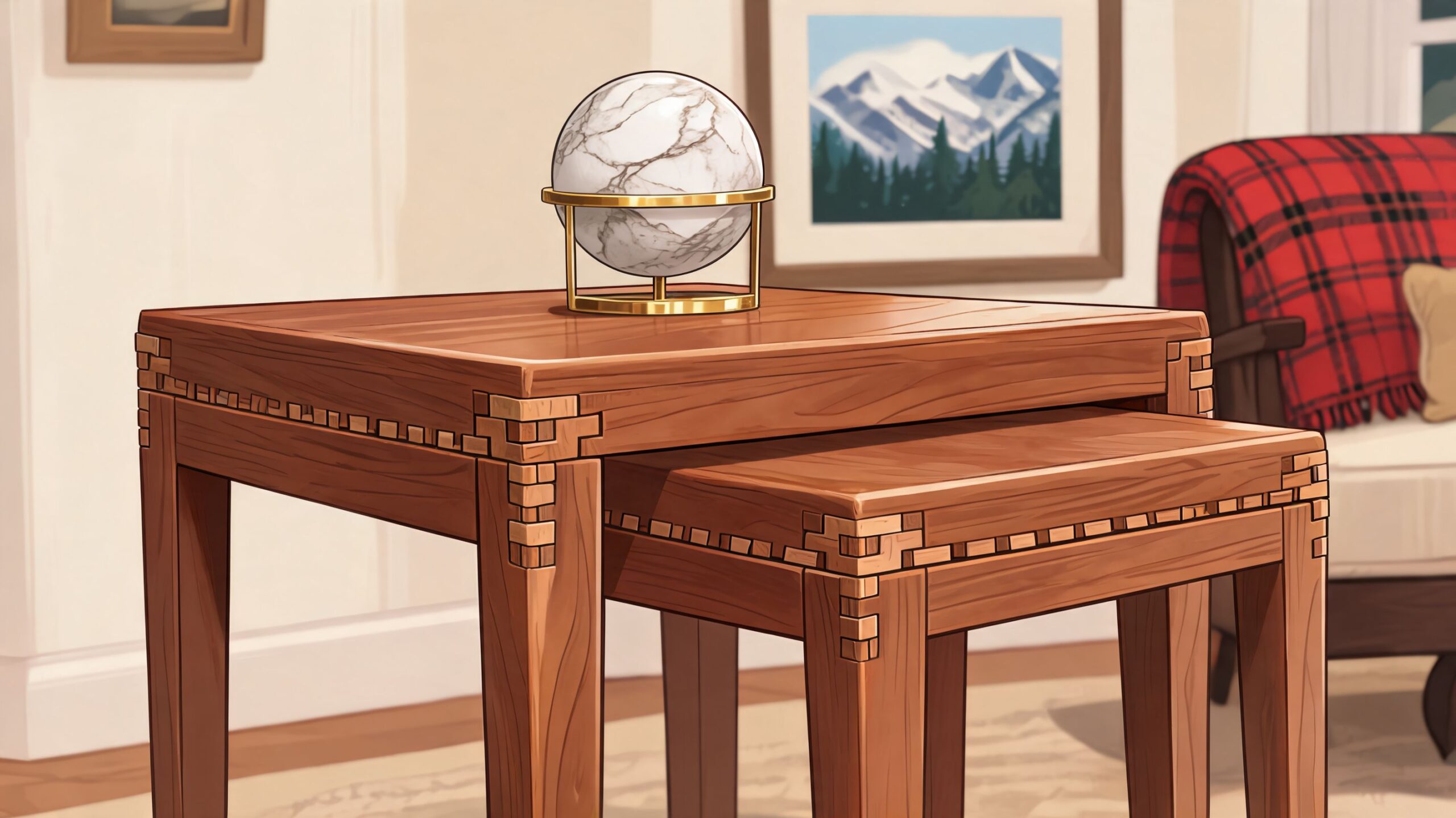 A pair of wooden nesting tables featuring intricate joinery details, holding a marble globe decor piece.
