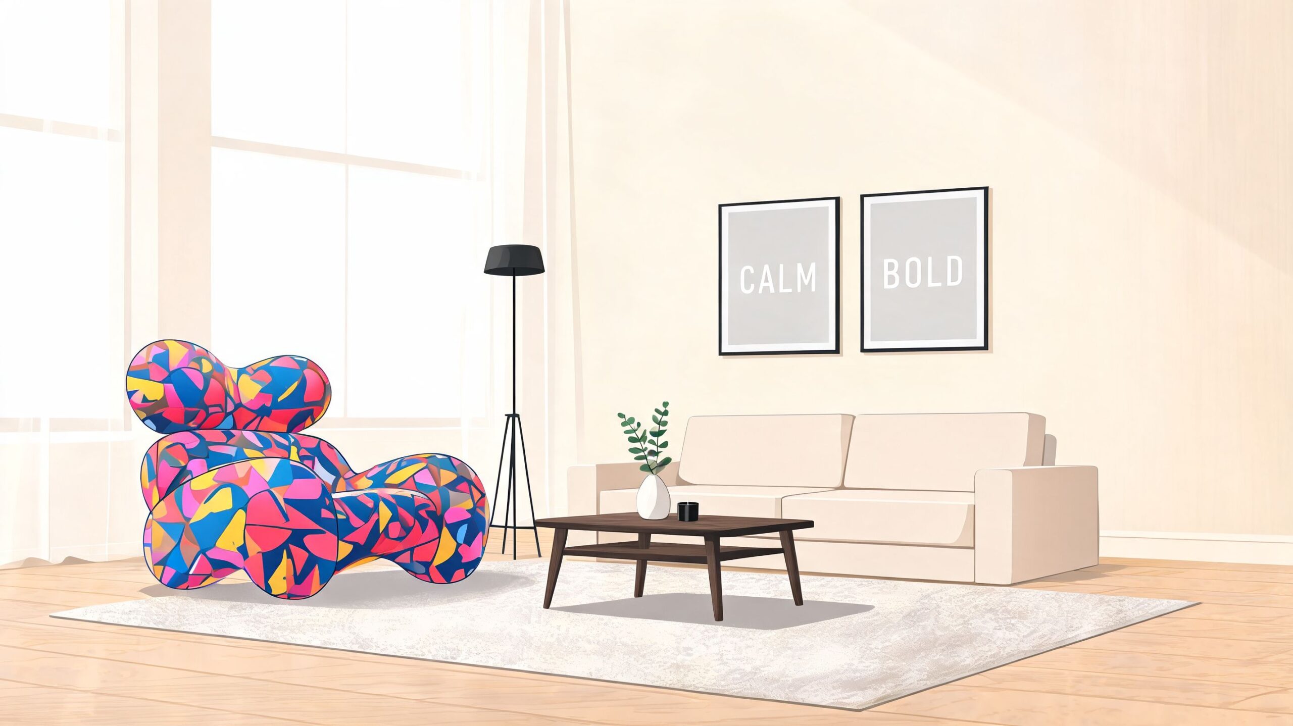 A modern living room interior featuring an abstract colorful lounge chair next to a beige sofa and rug.