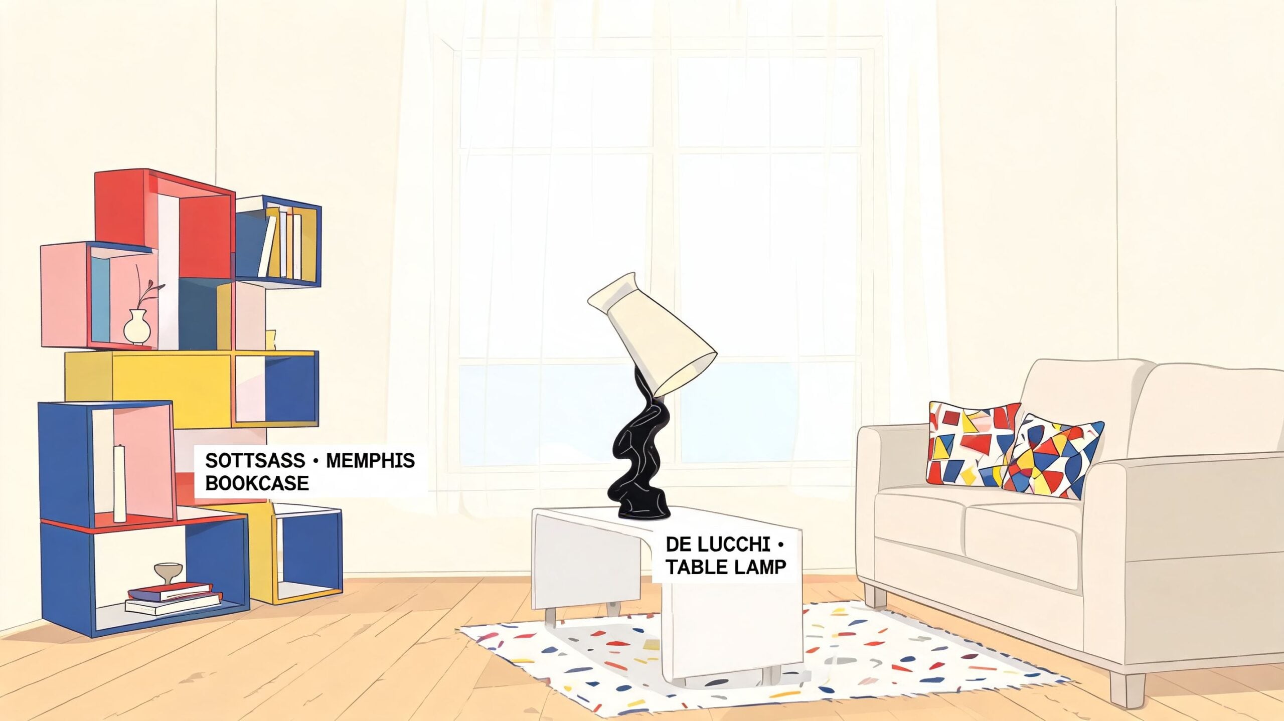 A minimalist living room illustration featuring a colorful Memphis-style bookcase and a distinctive sculptural table lamp.