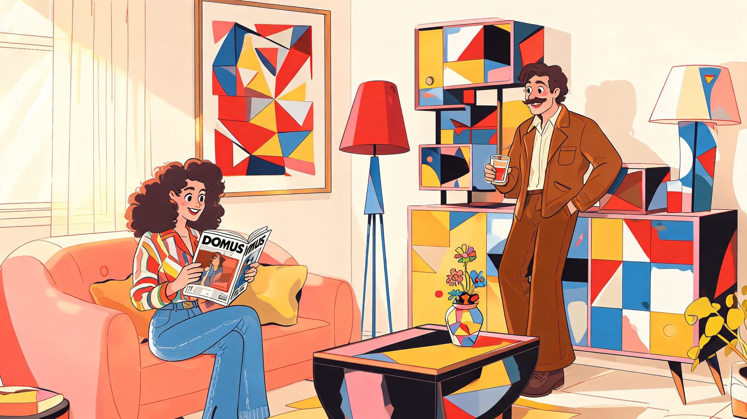 A retro-inspired illustration of a woman reading on a sofa while a man stands nearby in a colorful living room.