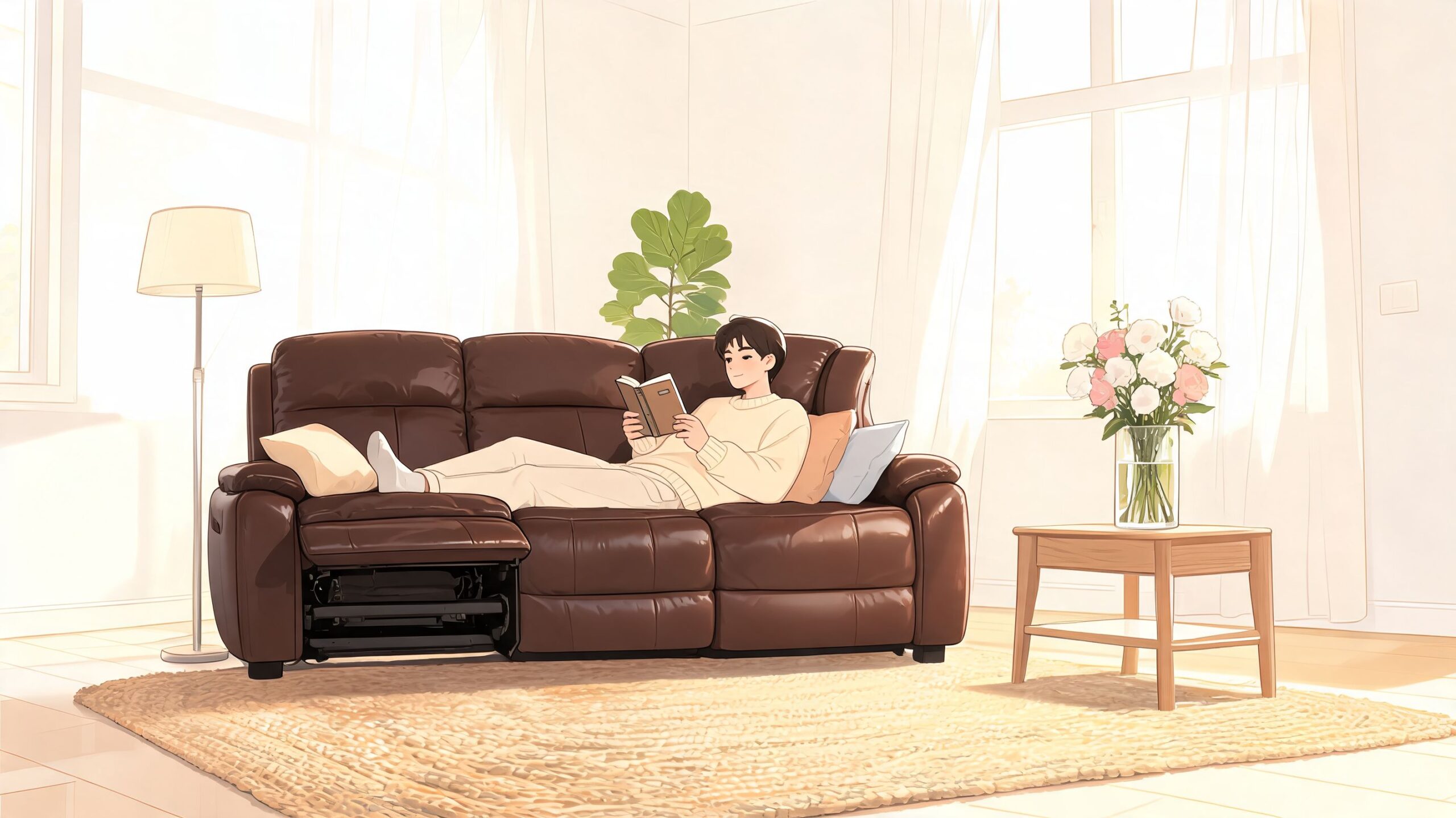 A young man sitting comfortably on a brown leather power recline sofa reading a book indoors.
