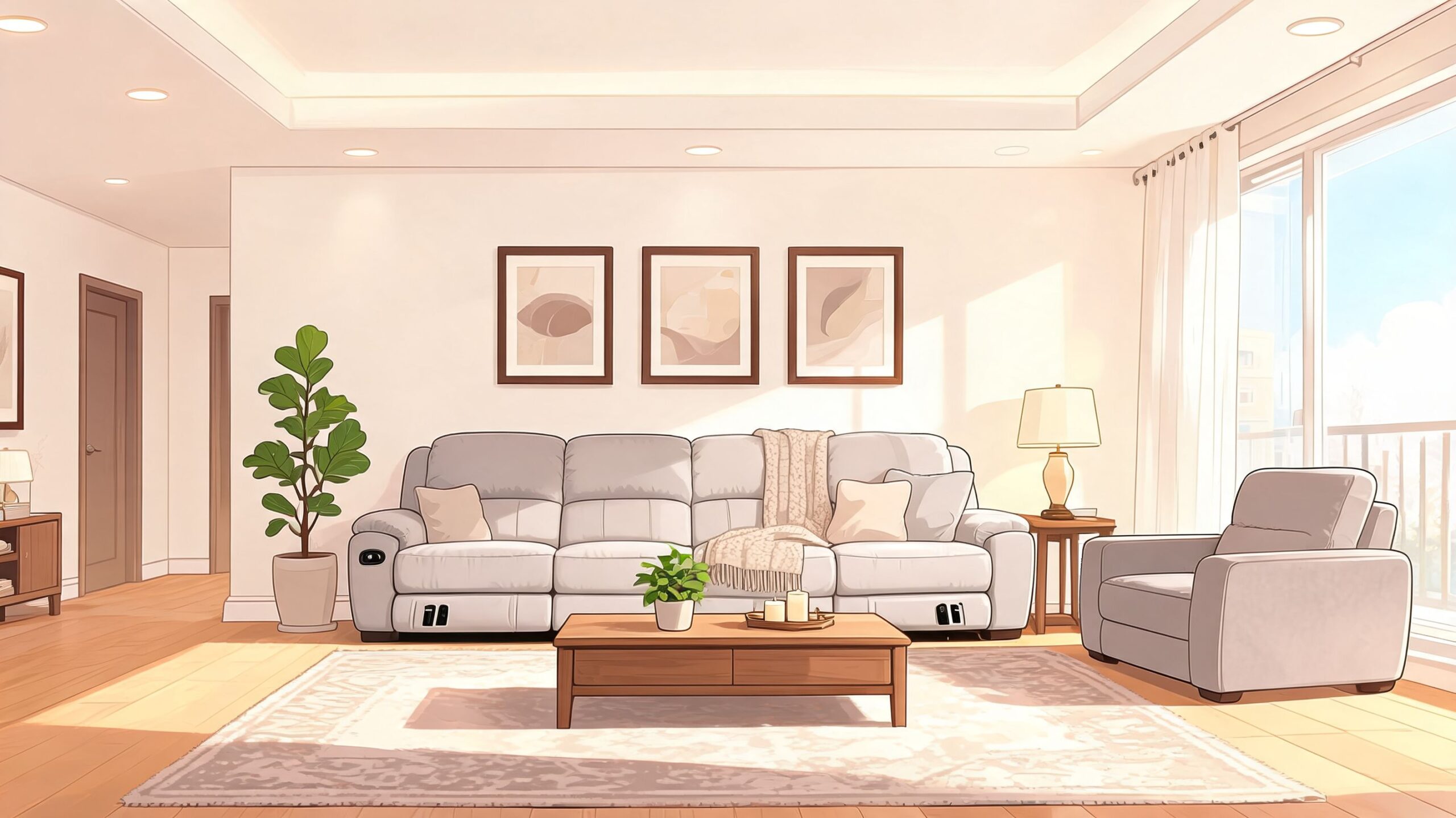A modern, bright living room featuring a cozy light grey power reclining sofa and matching armchair.