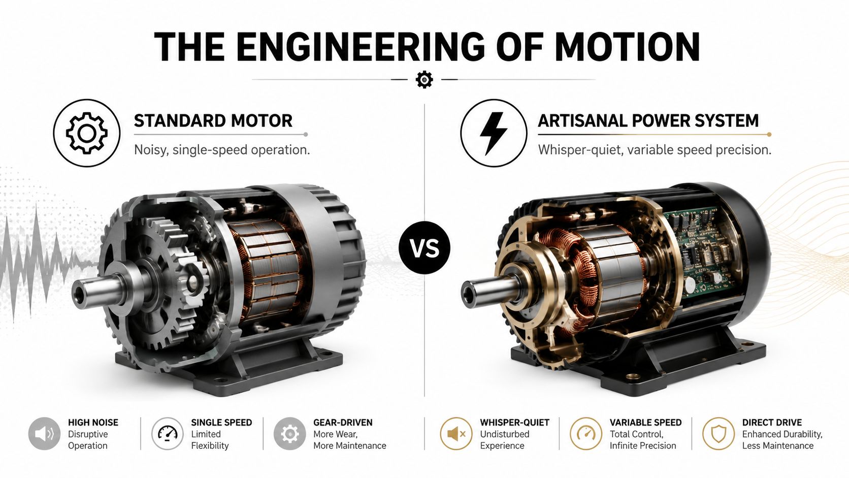 A comparison between a noisy gear-driven standard motor and a whisper-quiet variable speed artisanal power system.