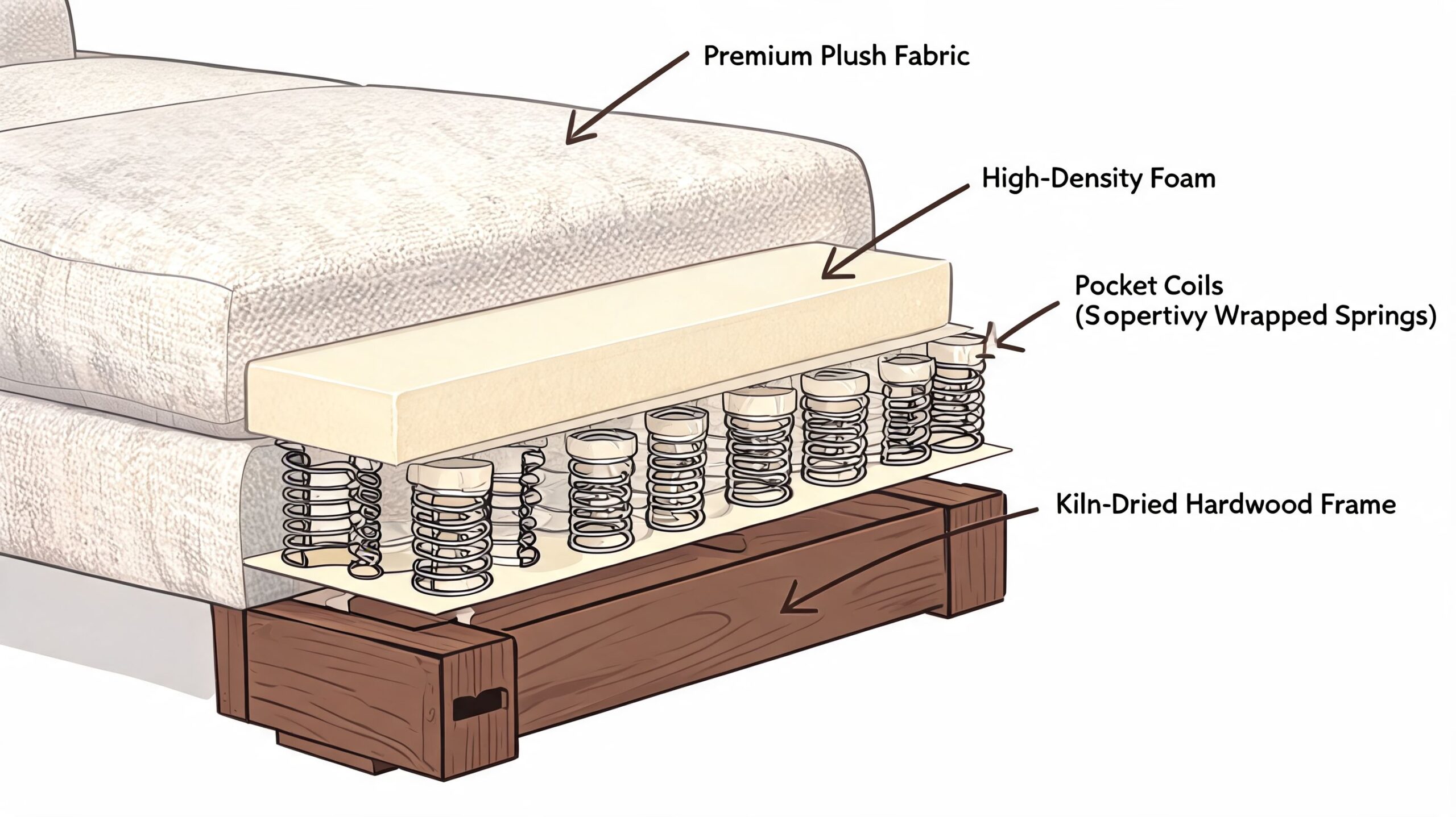 A cross-section diagram showing the layers of a high-quality sofa construction including springs and wood frame.