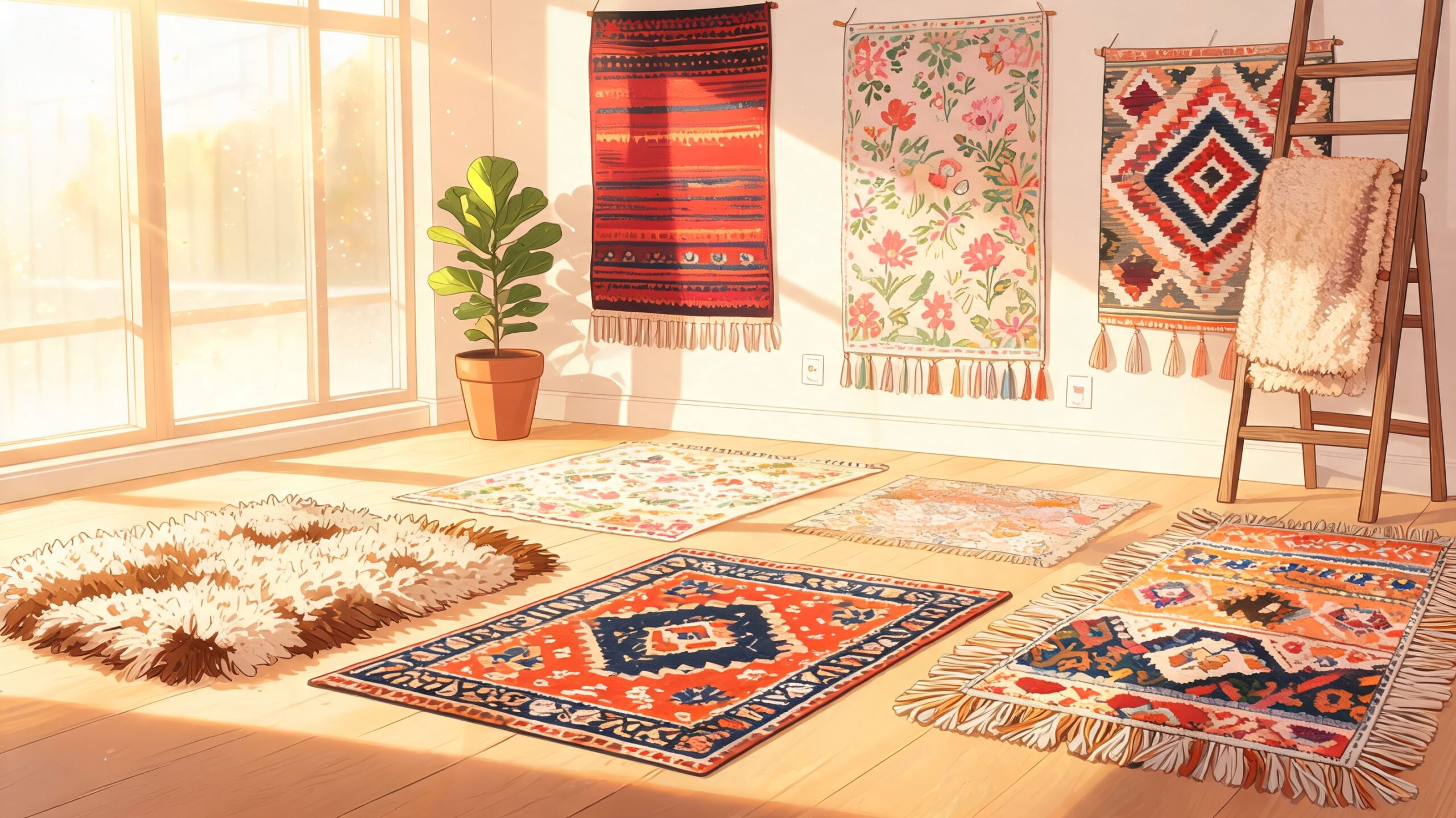 A brightly lit interior space featuring various colorful decorative rugs on the walls and the wooden floor.