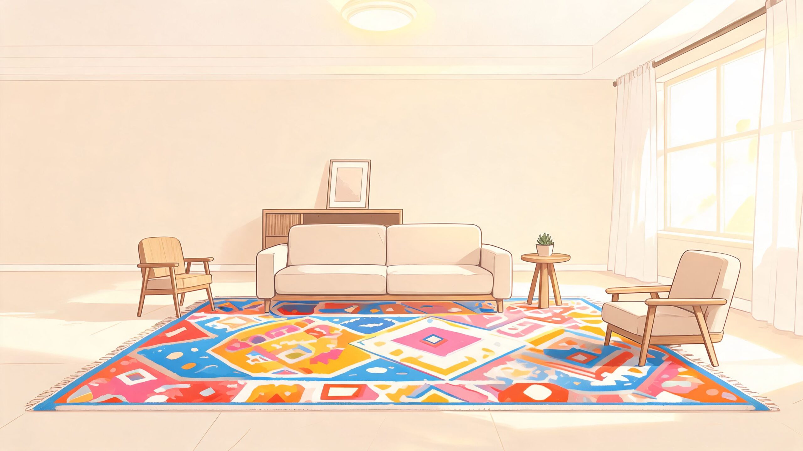 A modern minimalist living room featuring a colorful patterned rug, a beige sofa, and two wooden chairs.