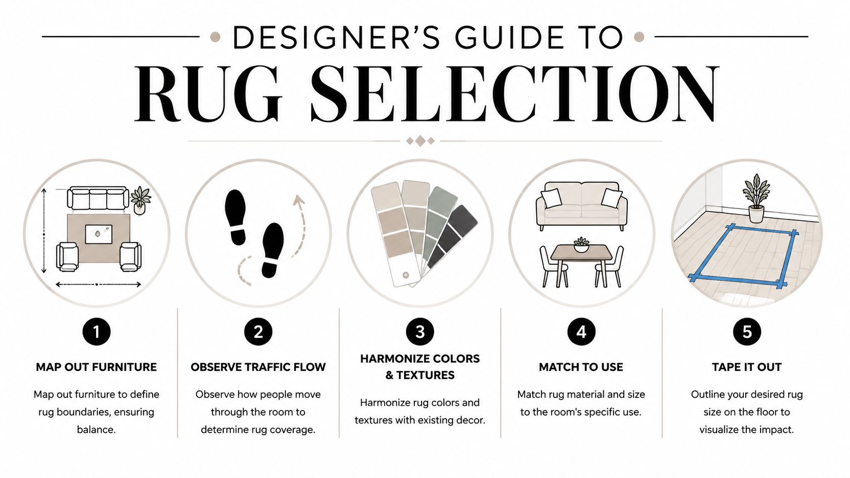 A five-step instructional guide on how to choose the right rug for your home decor design.