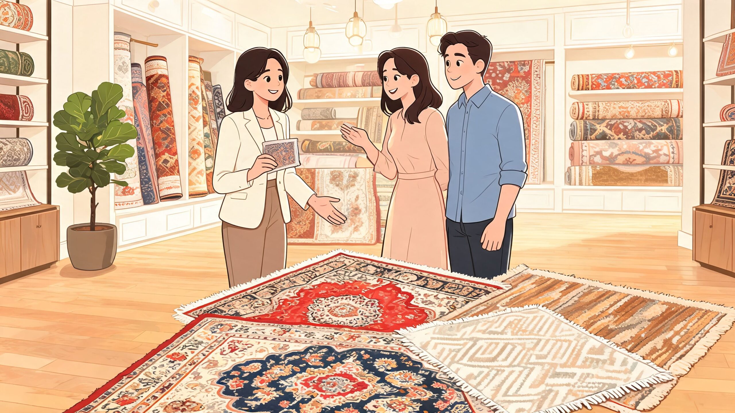 A friendly sales consultant shows rug samples to a couple inside a beautifully organized rug store in Hamilton.