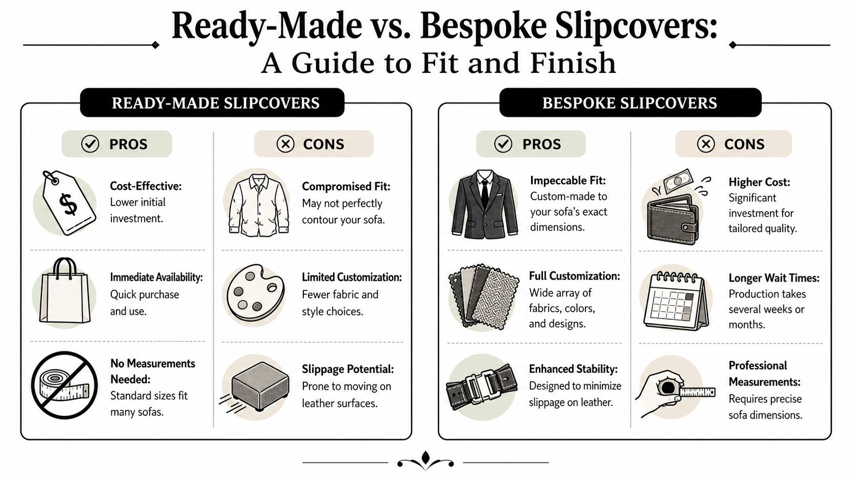 A comparison chart highlighting the pros and cons of choosing ready-made versus bespoke slipcovers for sofas.