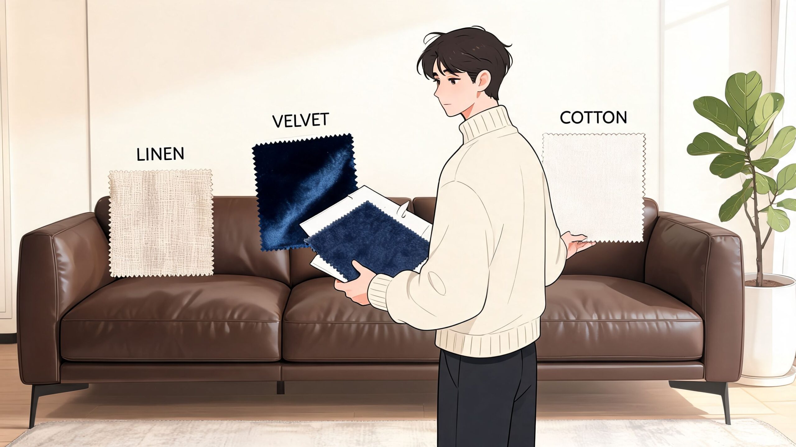 A young man holding fabric samples for a leather sofa, evaluating linen, velvet, and cotton options.