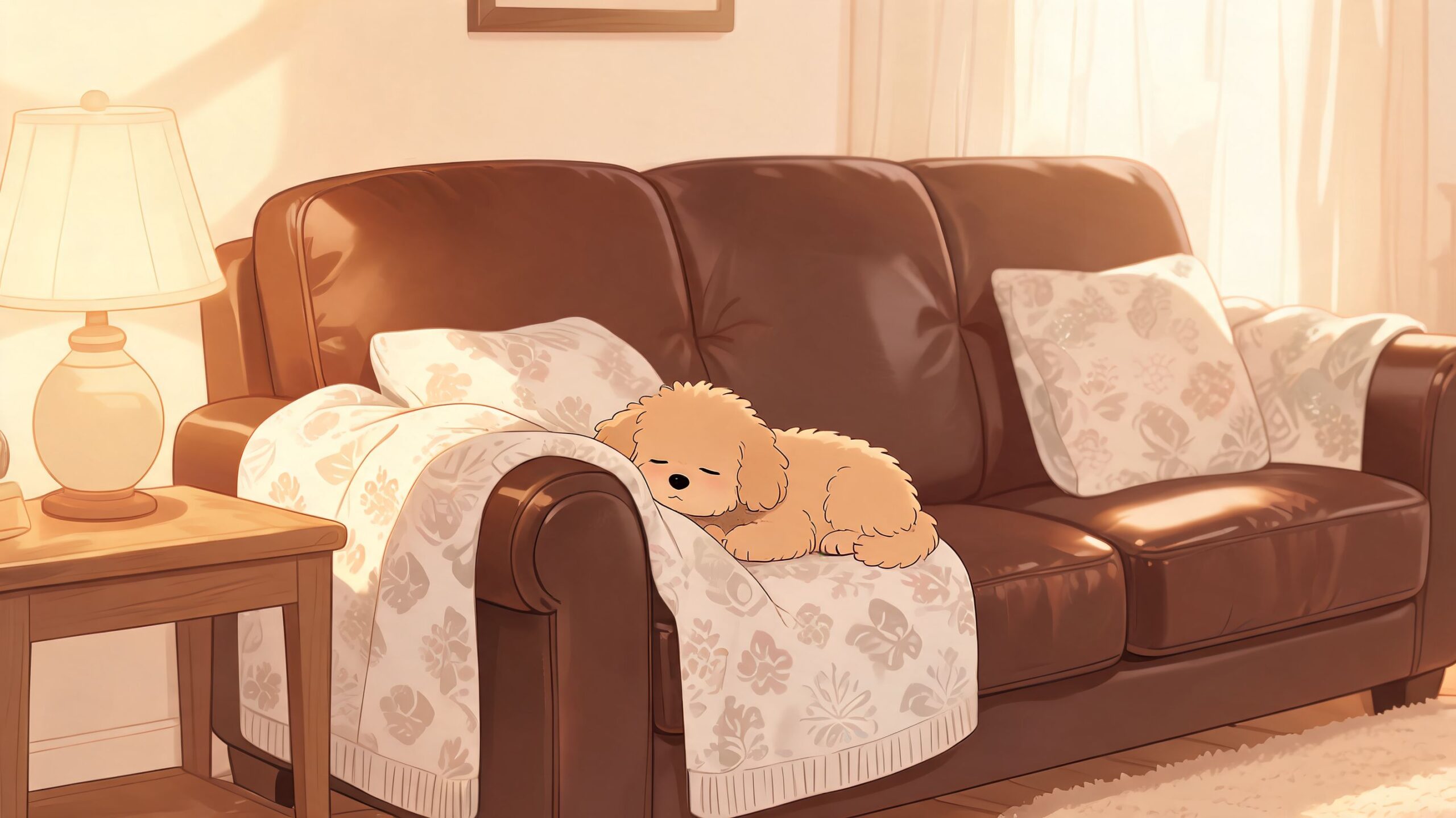 A cute fluffy puppy sleeping soundly on a cozy patterned blanket draped over a brown leather sofa.