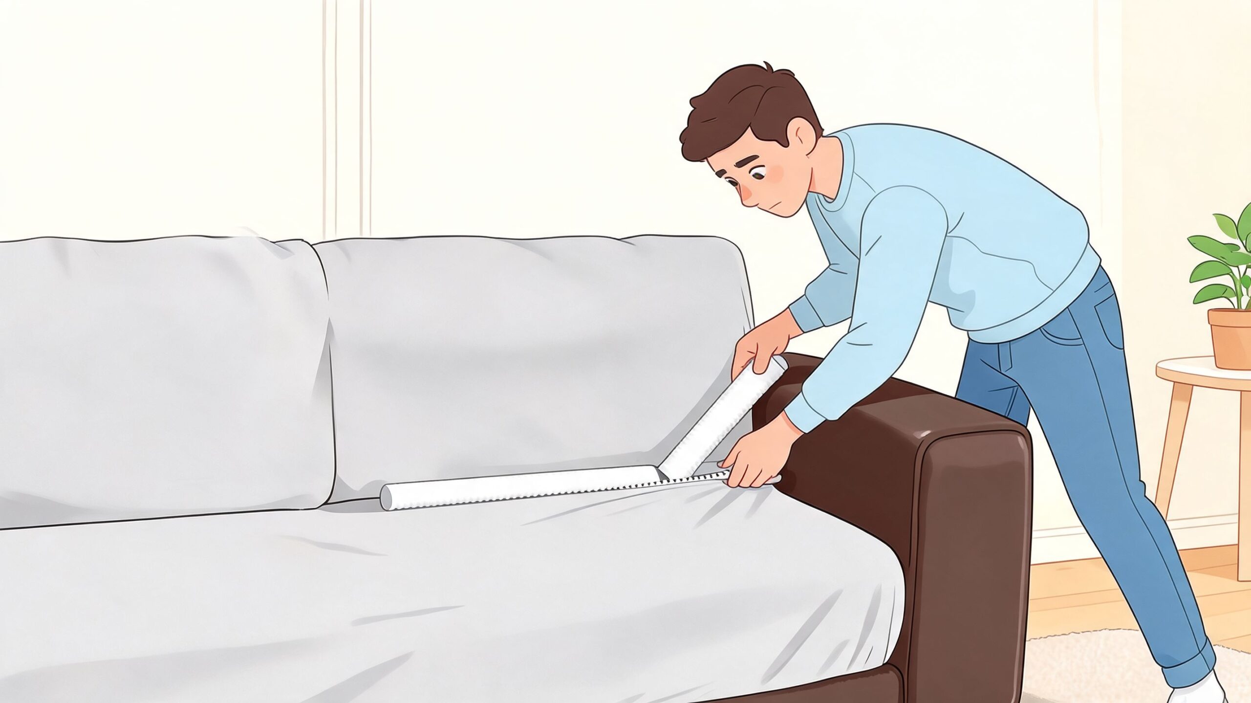 A young man carefully tucks a foam cylinder into the cushion crevices of a modern leather sofa.