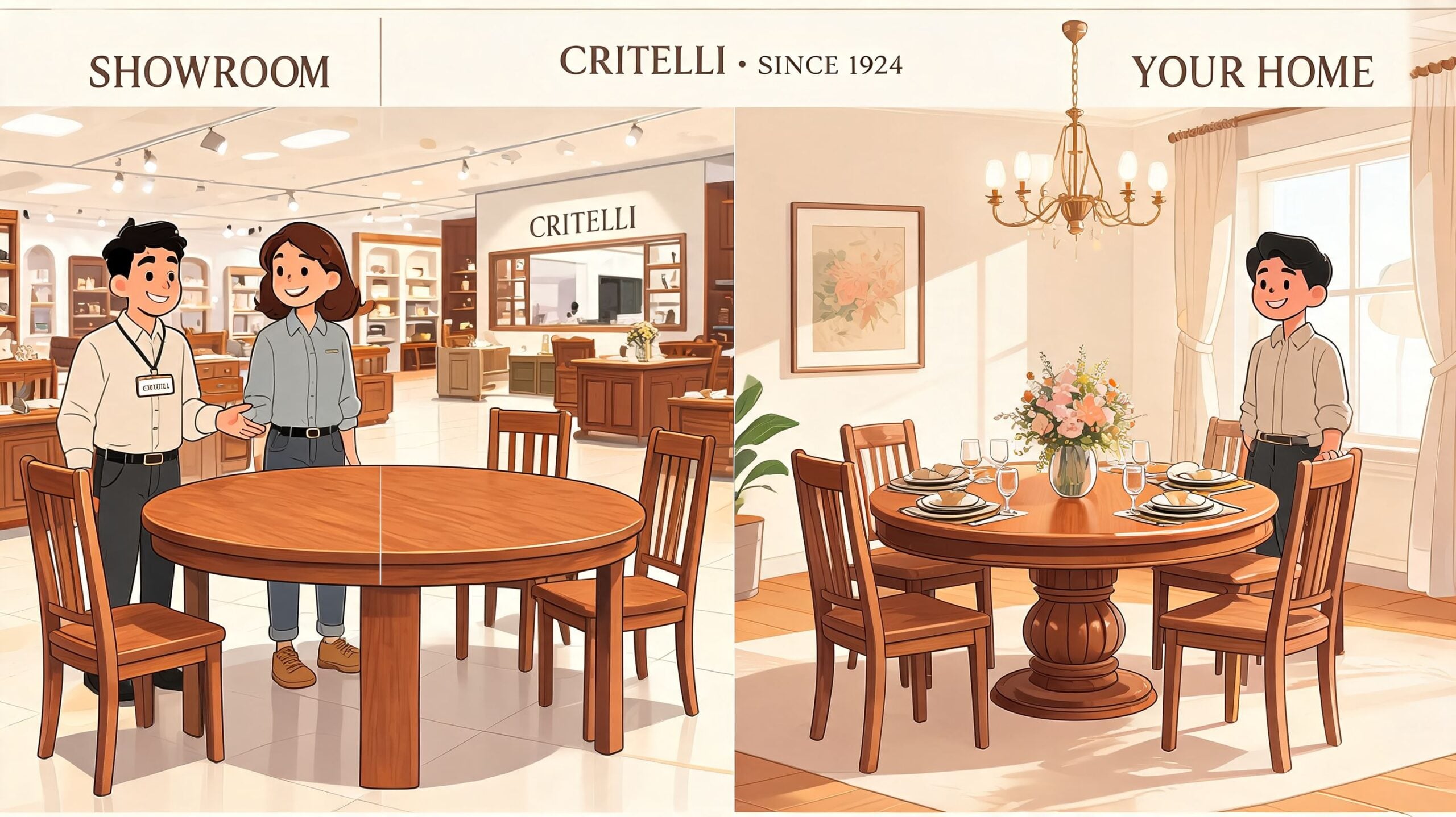 A split image showing a wooden round dining table in a furniture showroom and a home dining room.