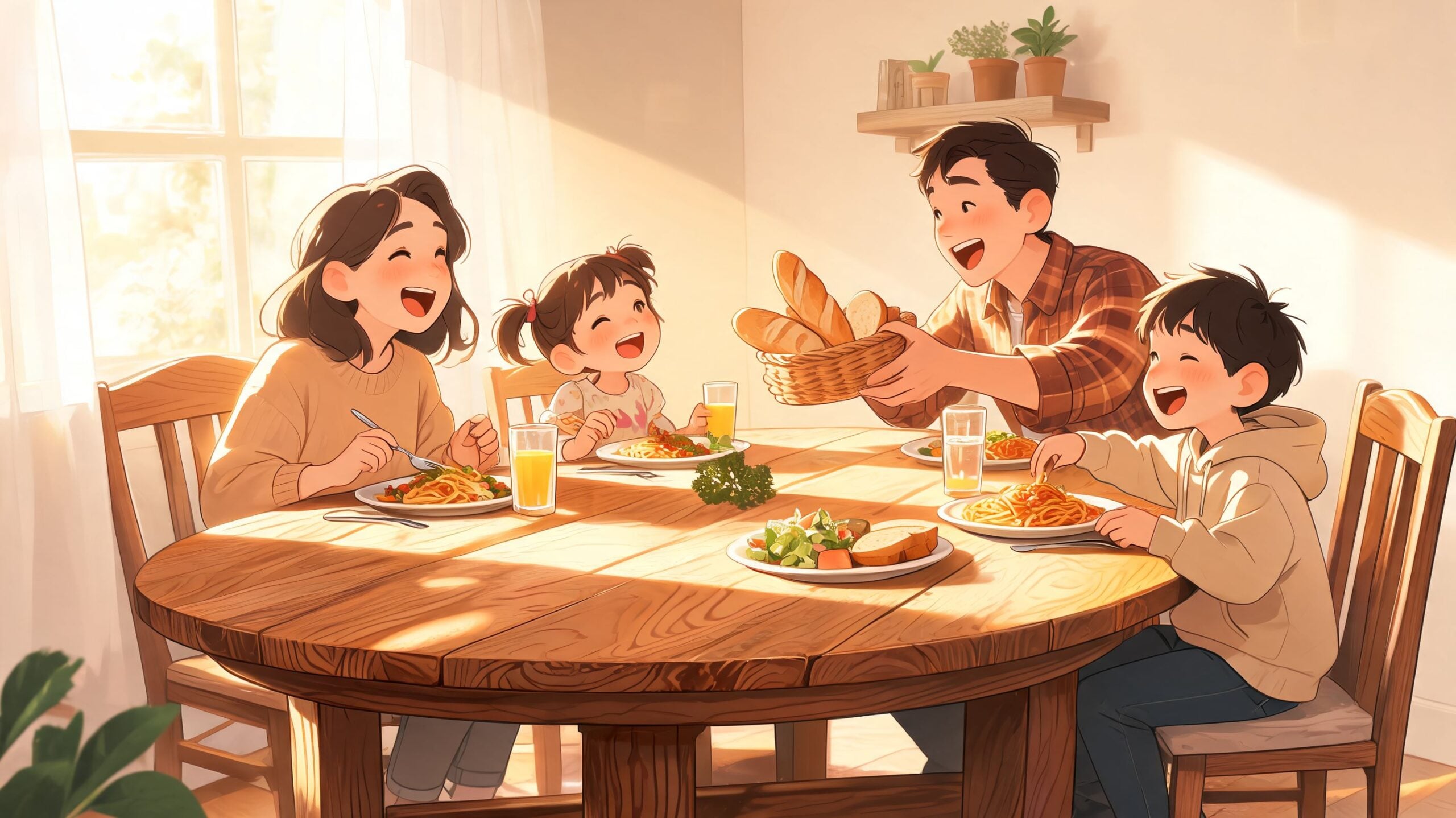 A happy family laughing together while eating a delicious meal at a solid wood round dining room table.