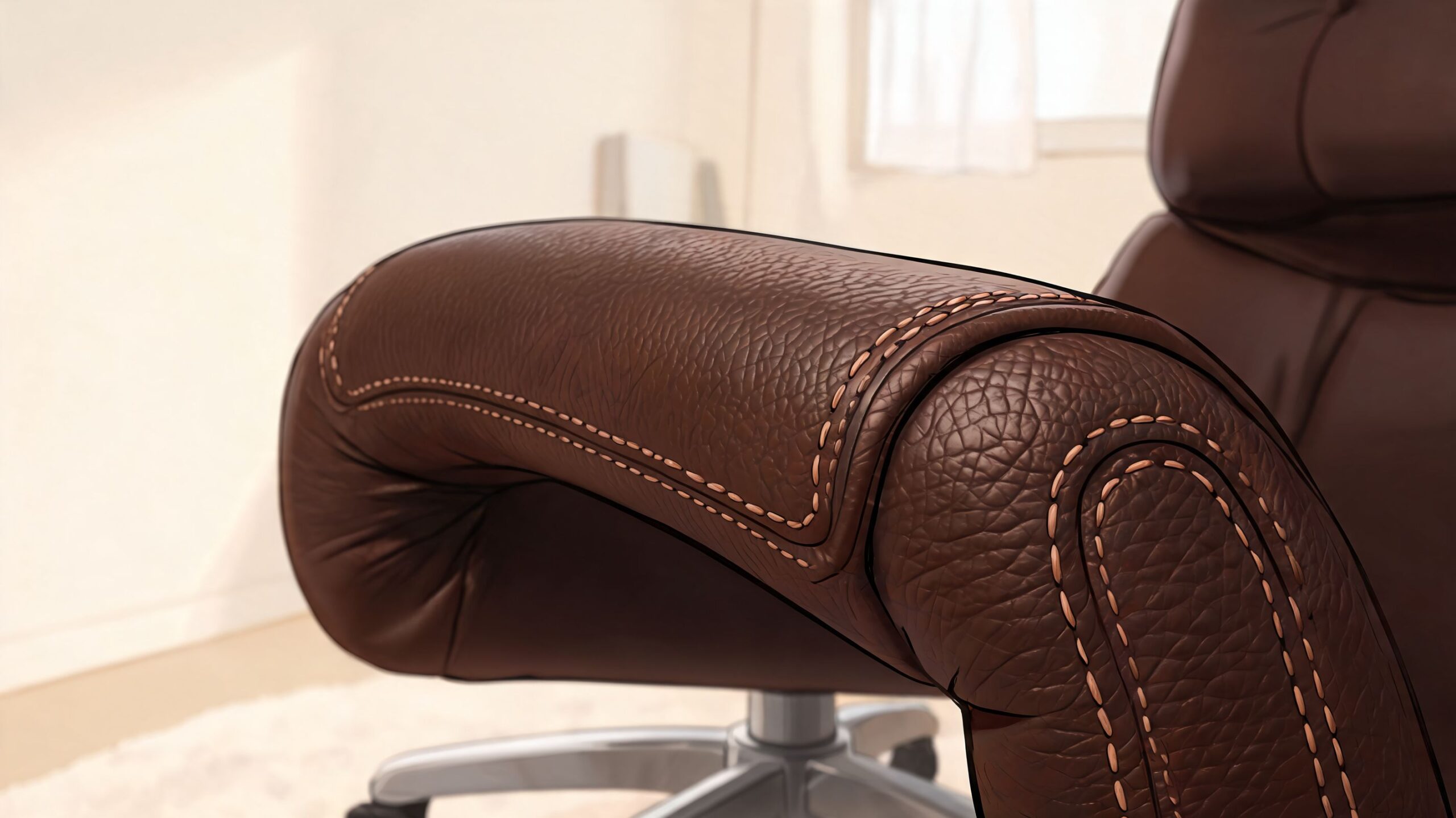 Close-up of a brown leather executive swivel chair armrest featuring detailed stitching and premium upholstery.