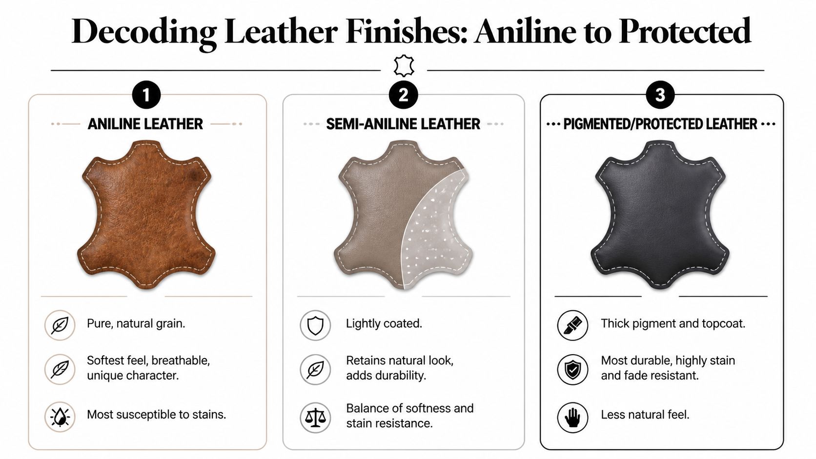An infographic showing the differences between aniline, semi-aniline, and pigmented or protected leather finishes.