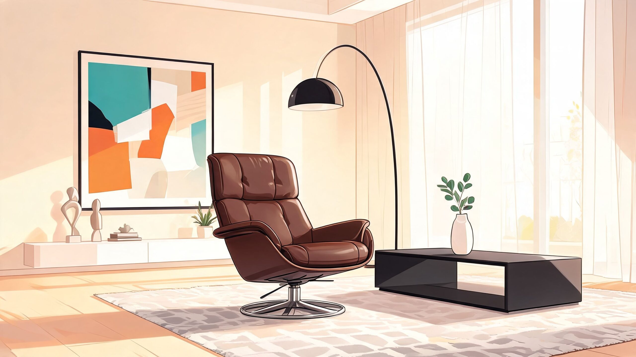 A luxurious brown leather swivel chair sits in a bright, modern living room next to a floor lamp.