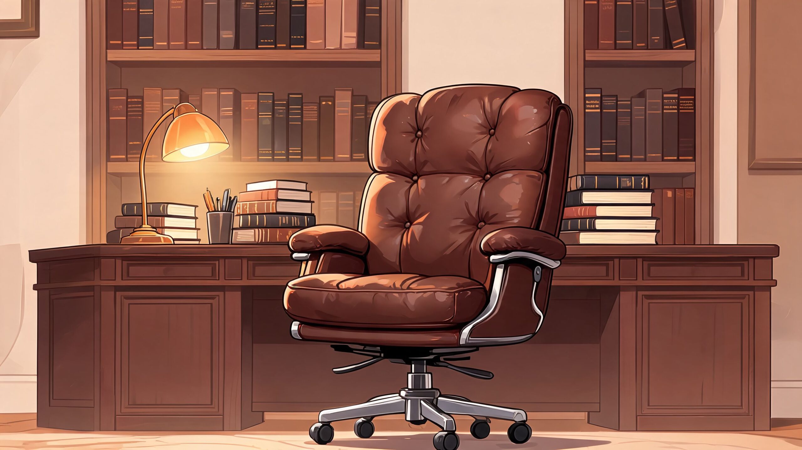 A sophisticated home office featuring a plush brown leather swivel chair positioned before a large wooden desk.