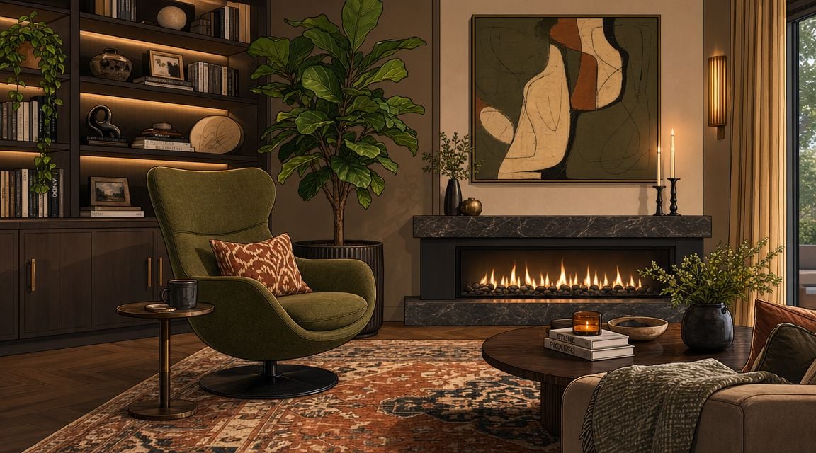 A luxurious cozy living room featuring a green swivel lounge chair near a modern fireplace and bookshelf.