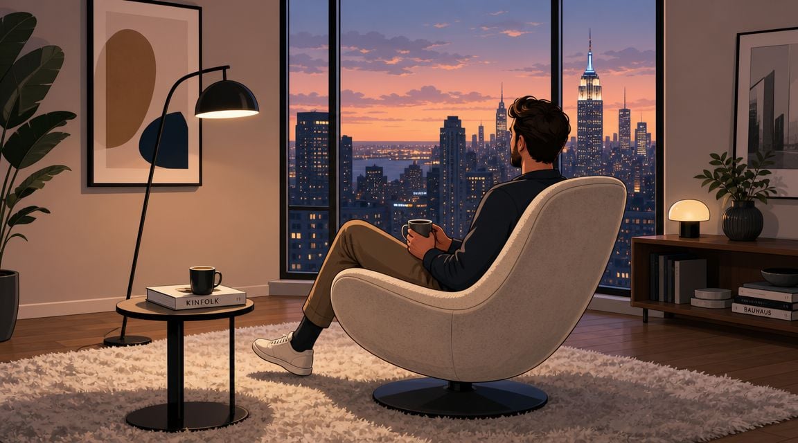 A man sitting on a cozy swivel lounge chair looking at the New York City skyline at sunset.