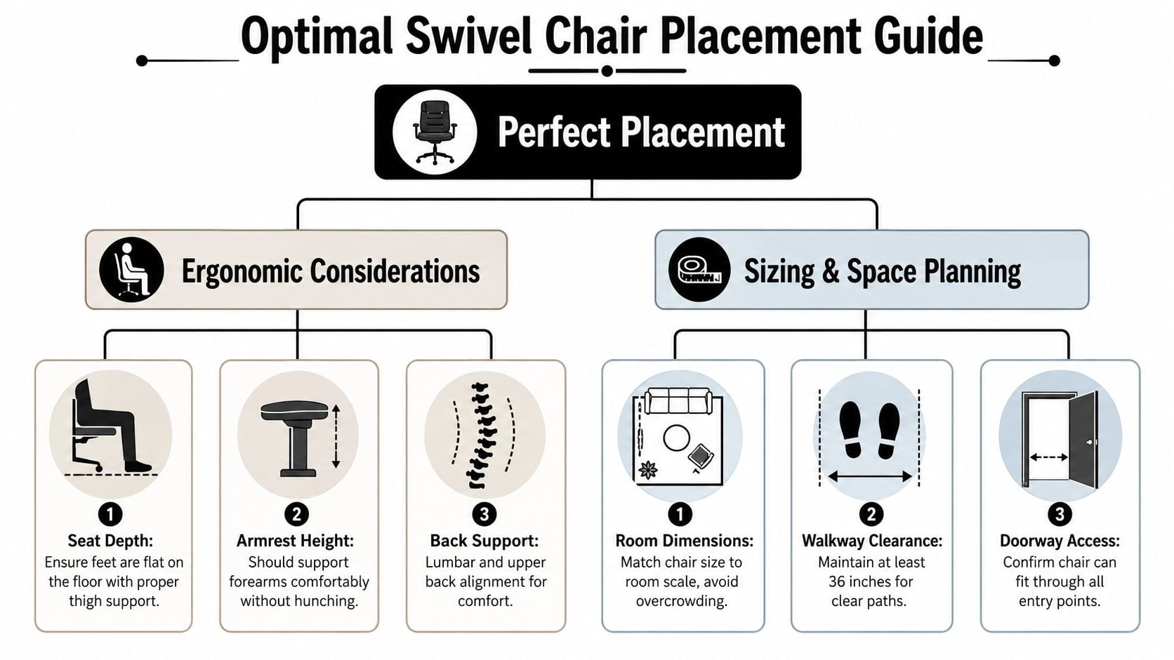 An infographic titled Optimal Swivel Chair Placement Guide detailing ergonomic considerations and spatial planning tips for furniture.