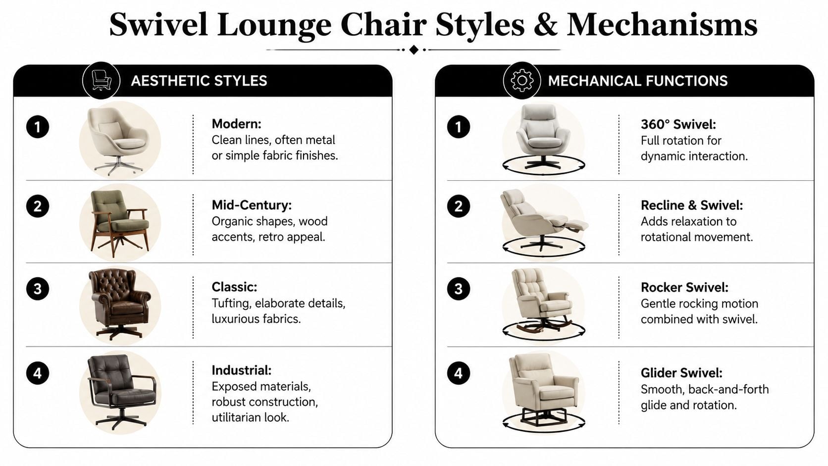 An infographic detailing different aesthetic styles and mechanical functions of swivel lounge chairs for home furniture.