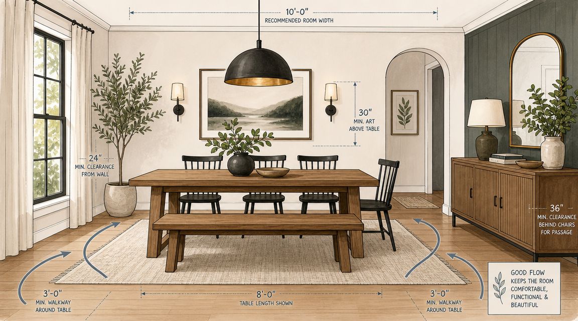 A diagram illustrating ideal dining room layout measurements for tables, chairs, benches, and walkways.